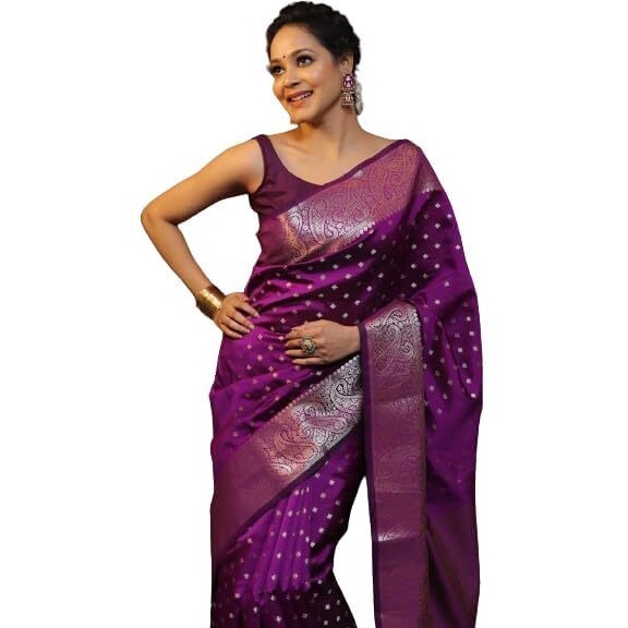 C J Enterprise Women's Banarasi Sarees Pure Kanjivaram Silk Saree Soft Design Wear Pattu Latest Party Cotton With Blouse Piece Kanchipuram for Wedding sadi new 2024 2025 (KeriButti-51) (Purple)