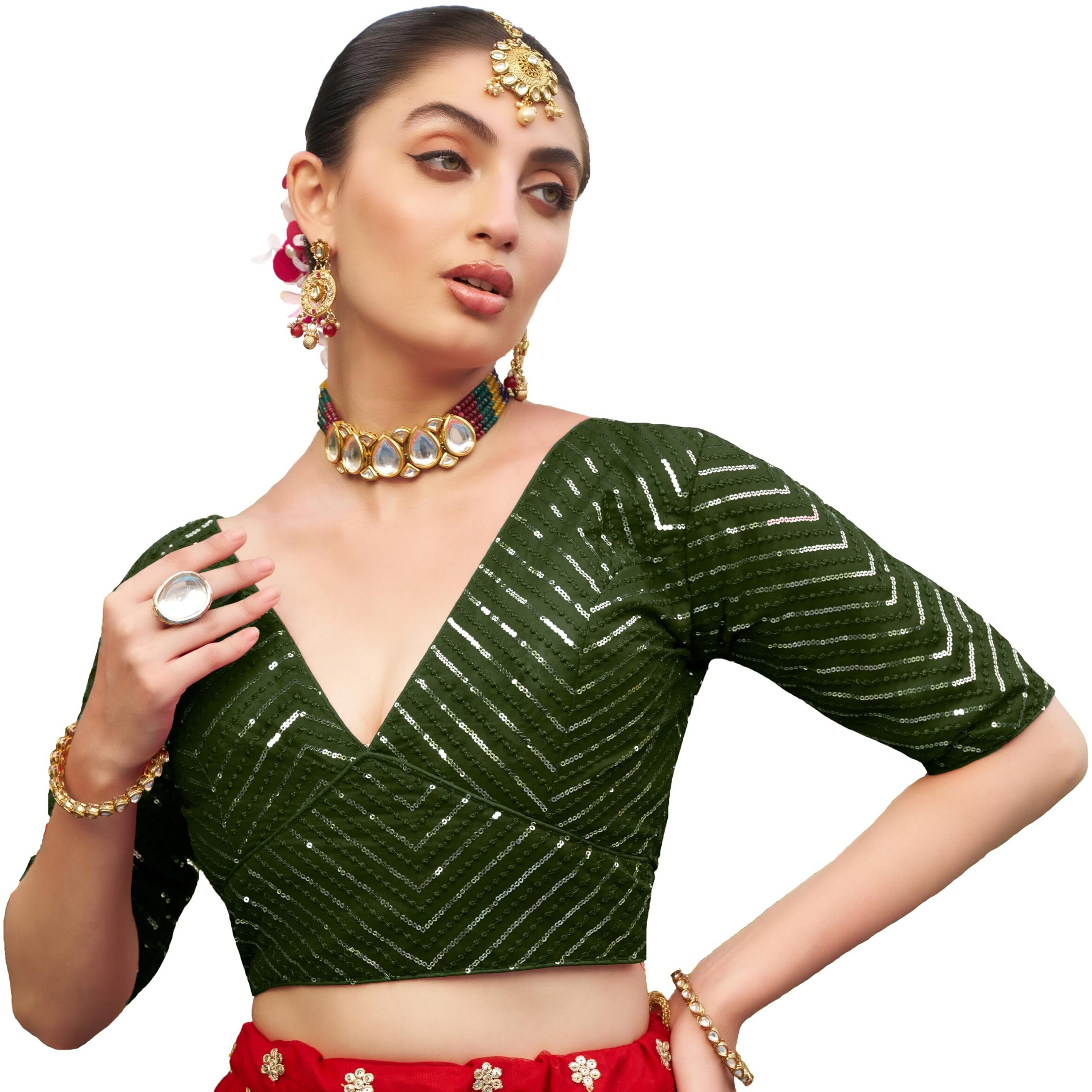 Pujia Mills Womens Fancy Readymade Half Sleeve Sequins Saree Blouse (Mehendi Green, 34)