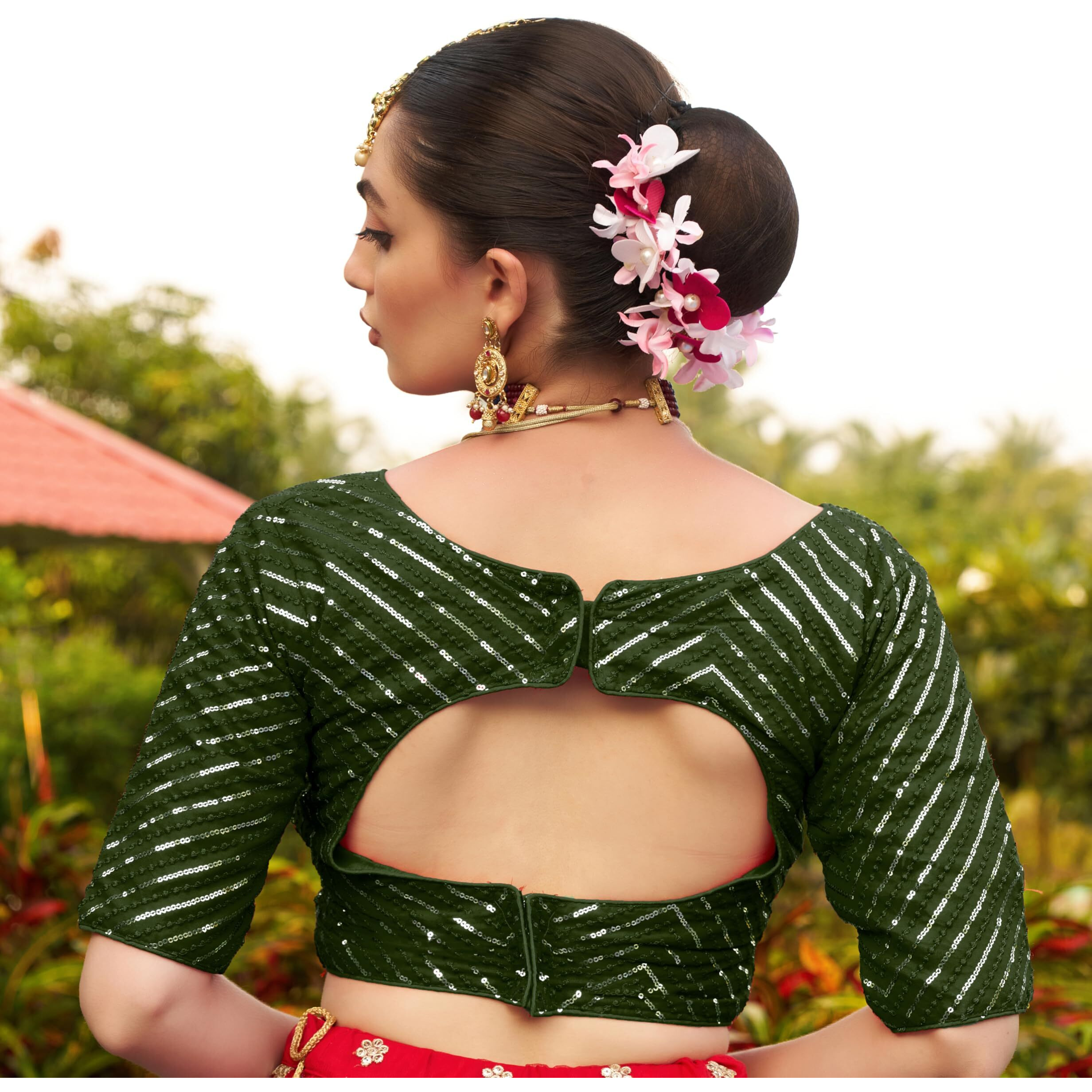 Pujia Mills Womens Fancy Readymade Half Sleeve Sequins Saree Blouse (Mehendi Green, 34)
