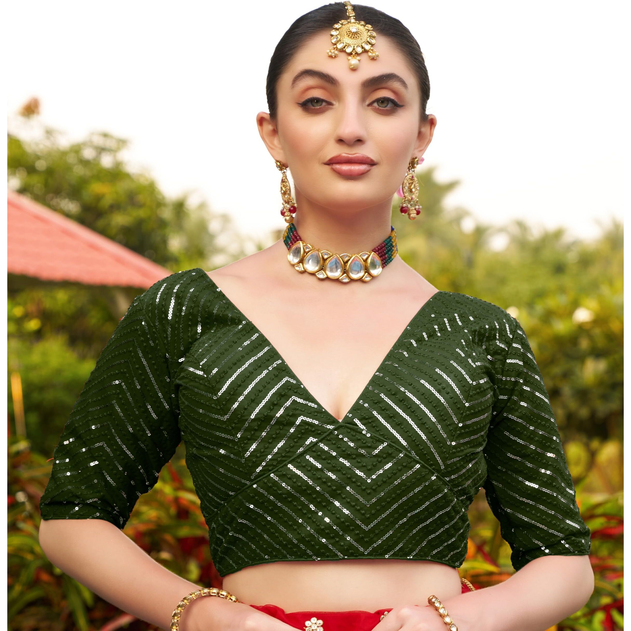 Pujia Mills Womens Fancy Readymade Half Sleeve Sequins Saree Blouse (Mehendi Green, 34)