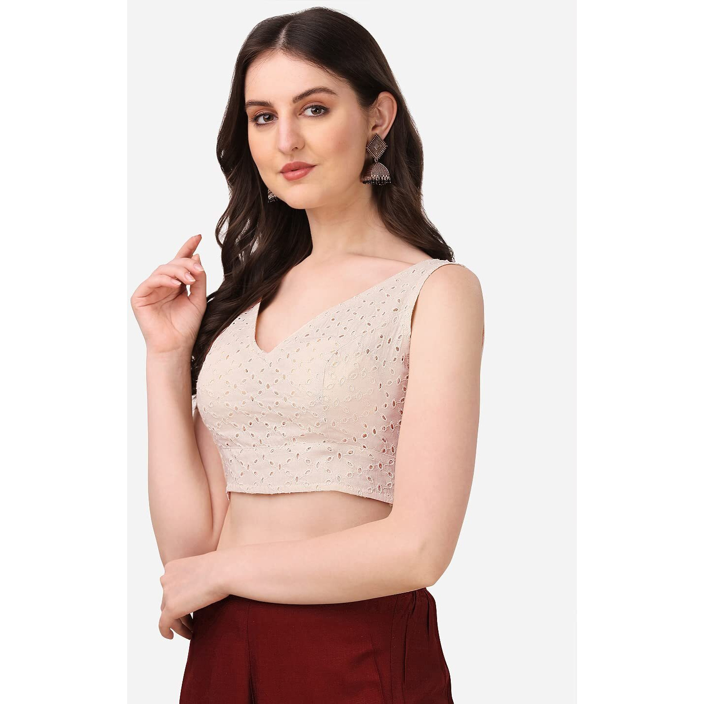 OOMPH Women's Indian Ethnic Wear Designer Leaf Pattern V Neck Sleeveless Cotton White Blouse for Saree or Lehnga and BlousePalazzos or Skirts for a Fusion Twist.