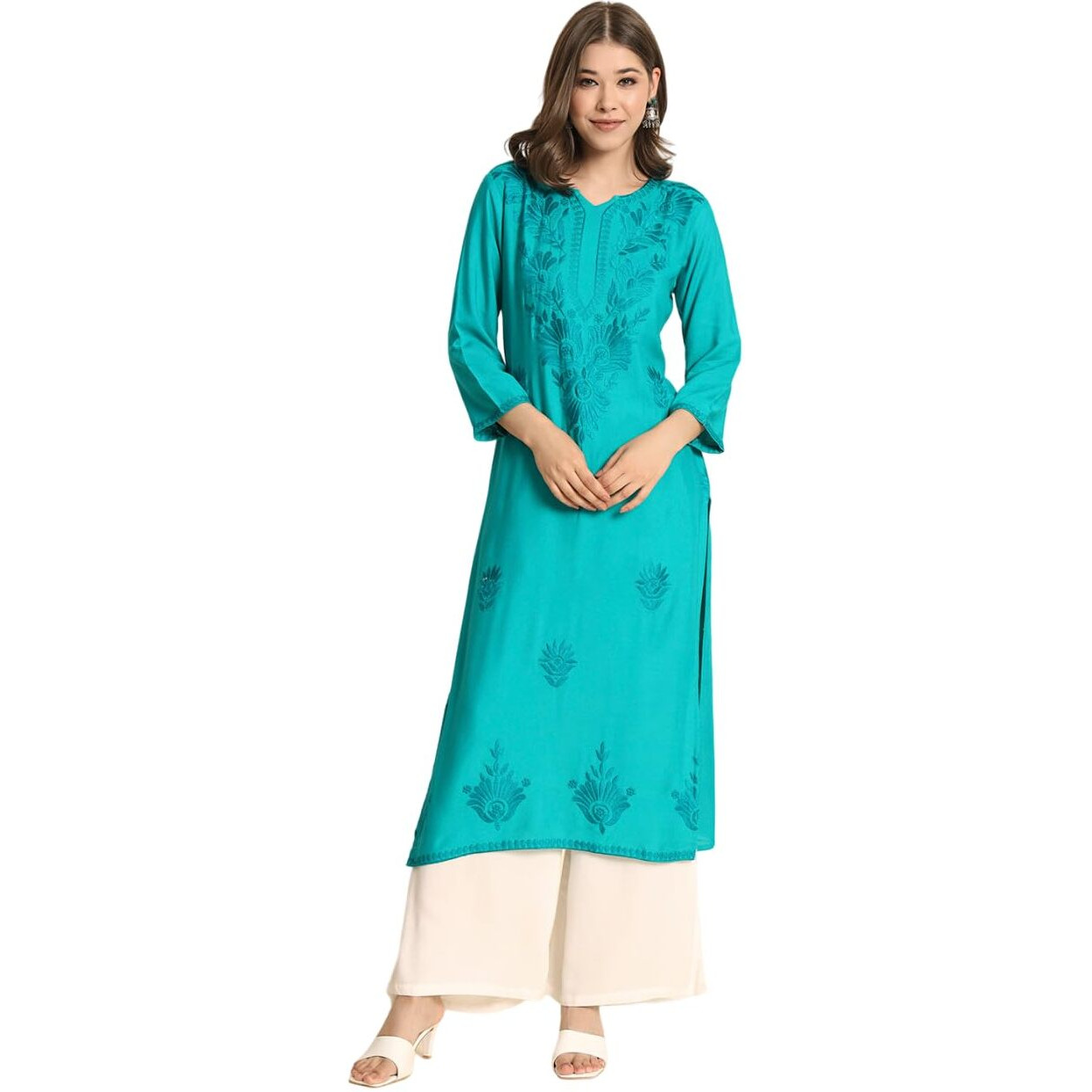 VAIRAGEE Women's Rayon Straight Cut Round Neck Kurta with Beautiful Lucknowi Chickenkari Work (1593) Sea Green
