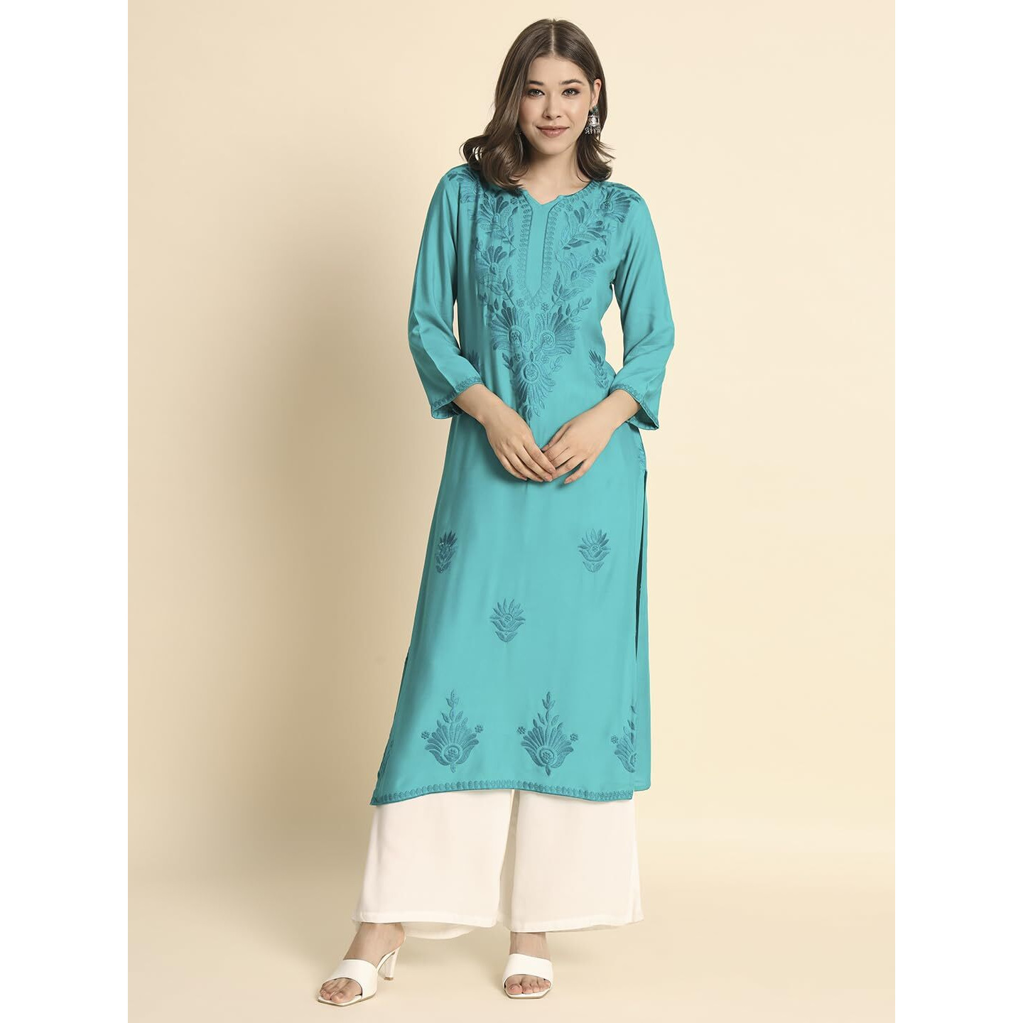 VAIRAGEE Women's Rayon Straight Cut Round Neck Kurta with Beautiful Lucknowi Chickenkari Work (1593) Sea Green