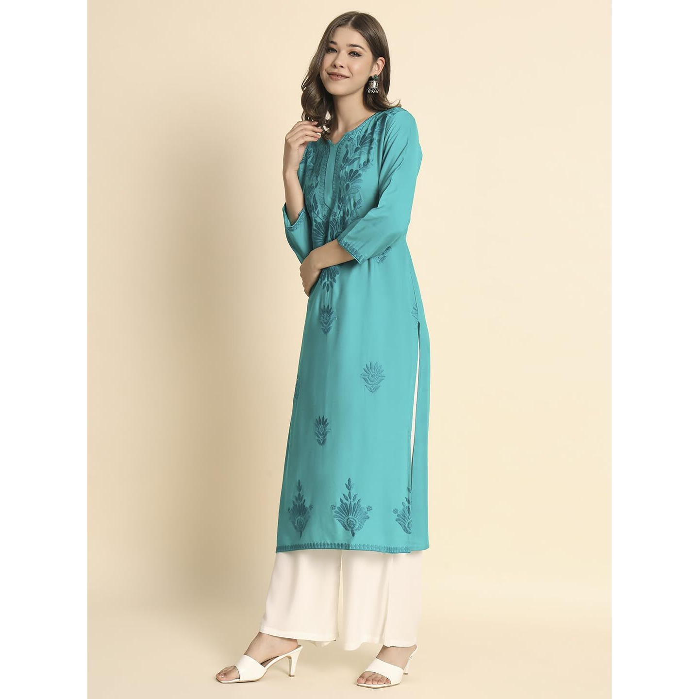 VAIRAGEE Women's Rayon Straight Cut Round Neck Kurta with Beautiful Lucknowi Chickenkari Work (1593) Sea Green