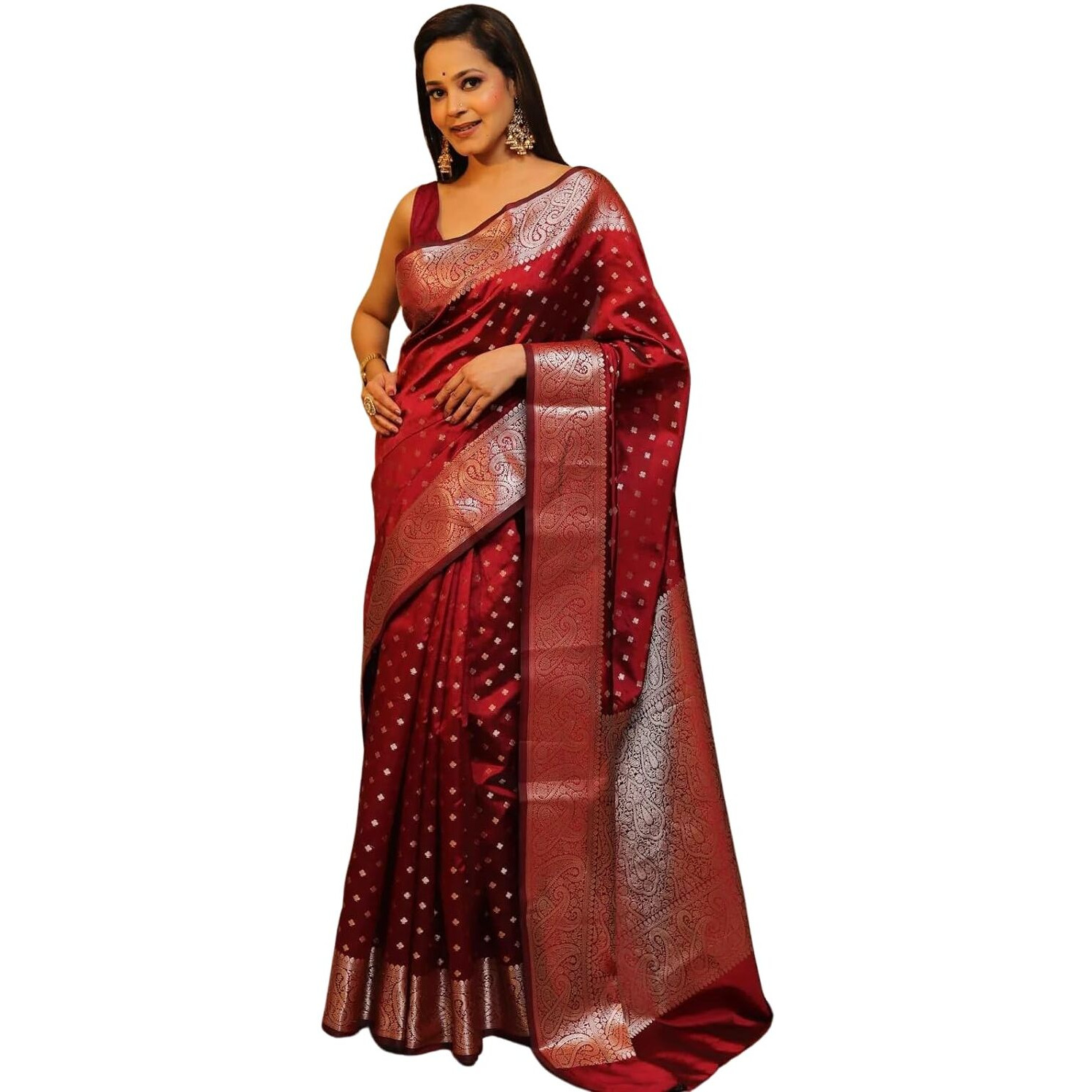 C J Enterprise Women's Banarasi Silk Saree Pure Kanjivaram Sarees Soft Design Wear Pattu Latest Party Cotton With Blouse Piece Kanchipuram for Wedding sadi new 2024 2025 (KeriButti-51) (Maroon)