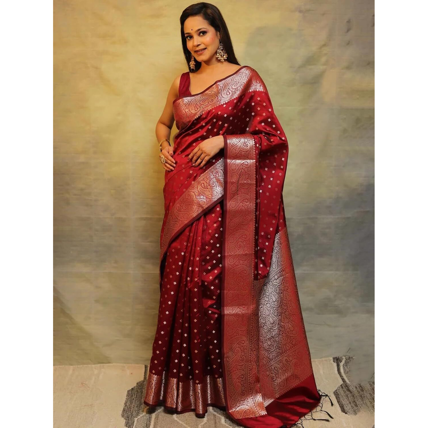 C J Enterprise Women's Banarasi Silk Saree Pure Kanjivaram Sarees Soft Design Wear Pattu Latest Party Cotton With Blouse Piece Kanchipuram for Wedding sadi new 2024 2025 (KeriButti-51) (Maroon)
