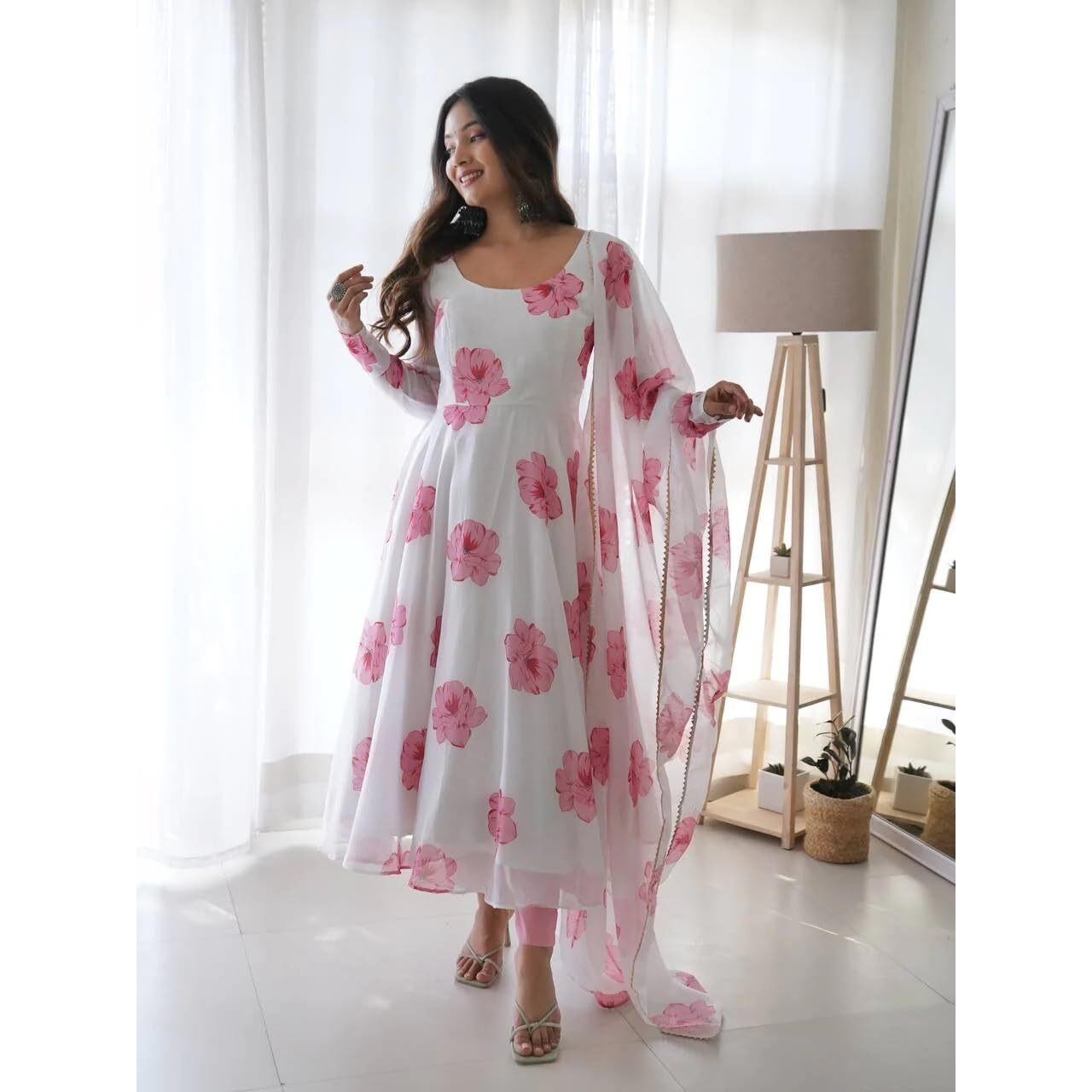Women Floral Print Anarkali Kurta with Pant and Duptta (X-Large, White-Pink)