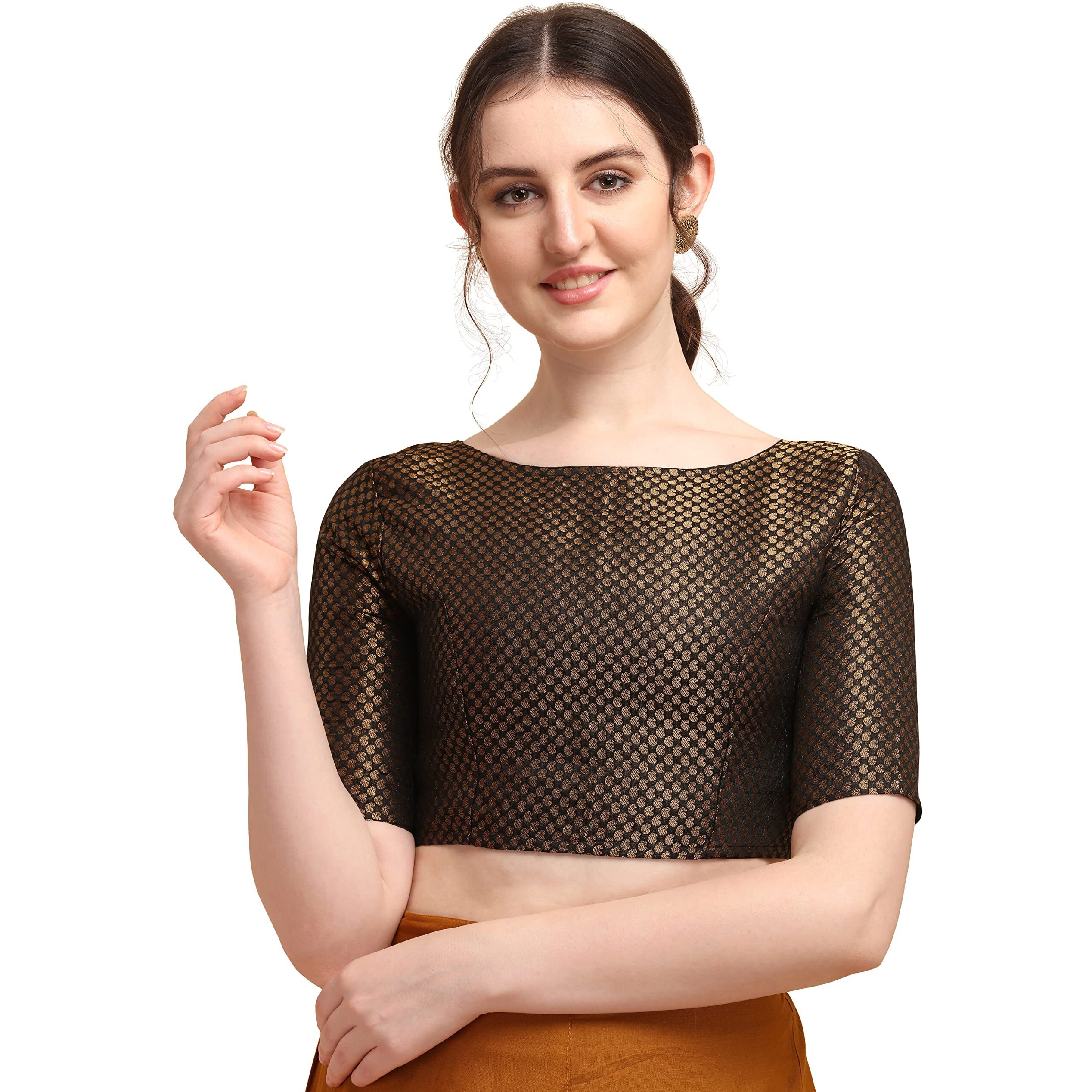 OOMPH Women's Art Silk Solid Half Sleeve Blouse (rbbl74m_Jet Black_M)