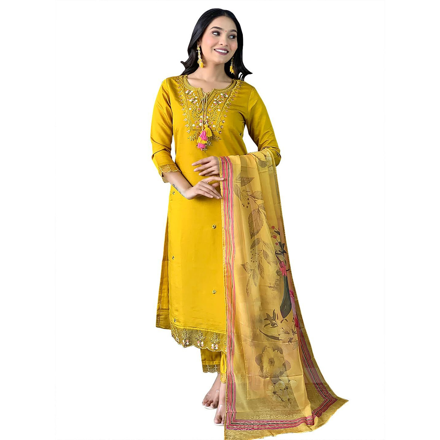 Naixa Women's Mustard Chanderi with Cotton Lining Embroidered Straight Kurta with Chanderi Silk Pant and Crep Silk Printed Dupatta Sets (NX2-556-Mustard-XS)