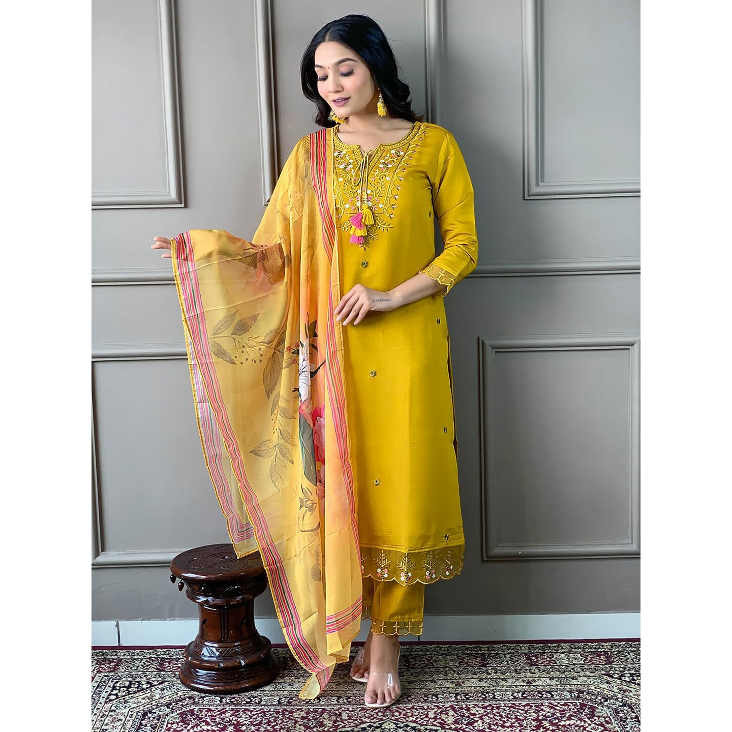 Naixa Women's Mustard Chanderi with Cotton Lining Embroidered Straight Kurta with Chanderi Silk Pant and Crep Silk Printed Dupatta Sets (NX2-556-Mustard-XS)