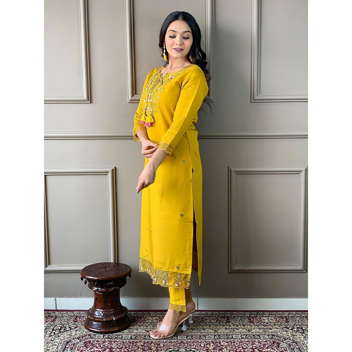 Naixa Women's Mustard Chanderi with Cotton Lining Embroidered Straight Kurta with Chanderi Silk Pant and Crep Silk Printed Dupatta Sets (NX2-556-Mustard-XS)