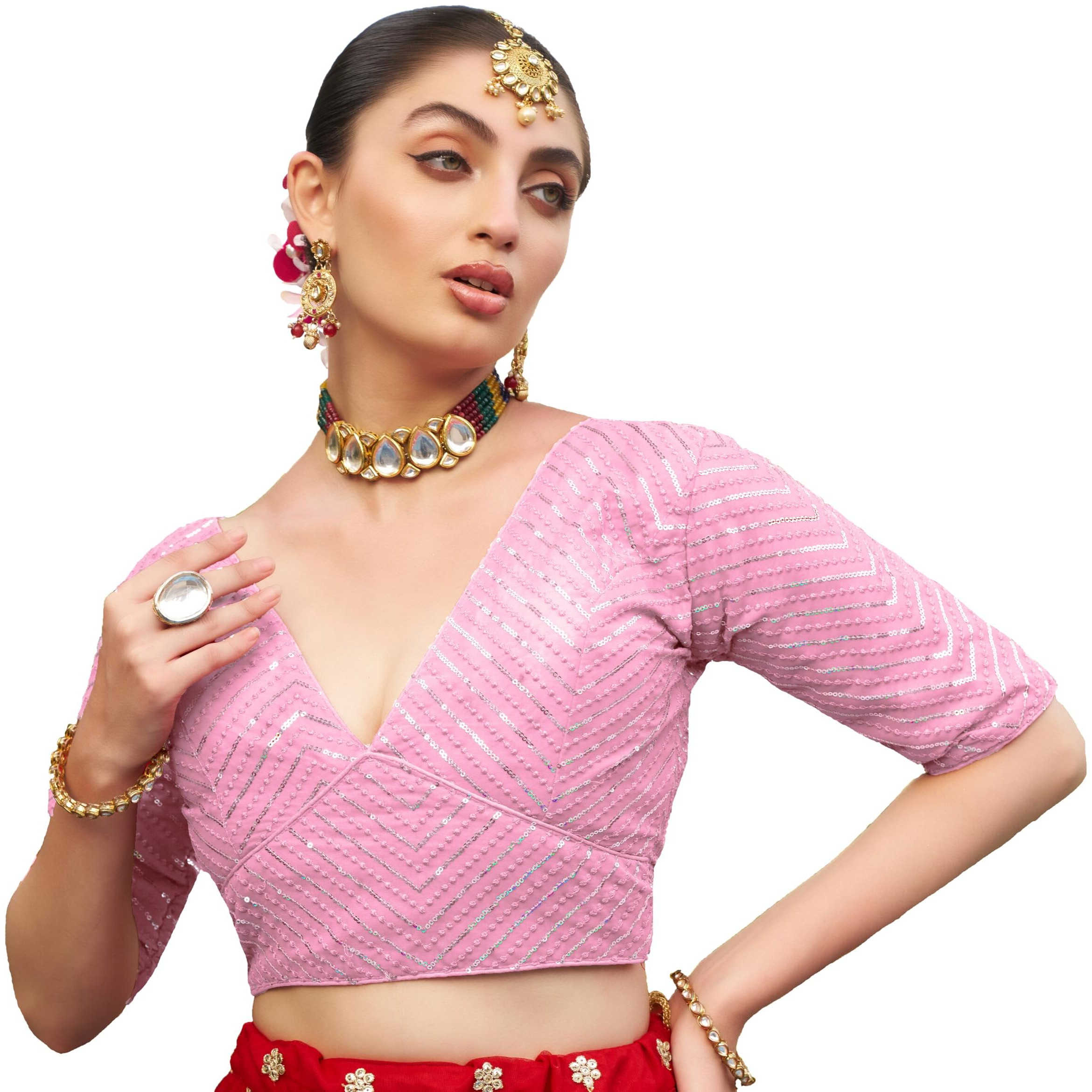 Pujia Mills Womens Fancy Readymade Half Sleeve Sequins Saree Blouse (Baby Pink, 32)