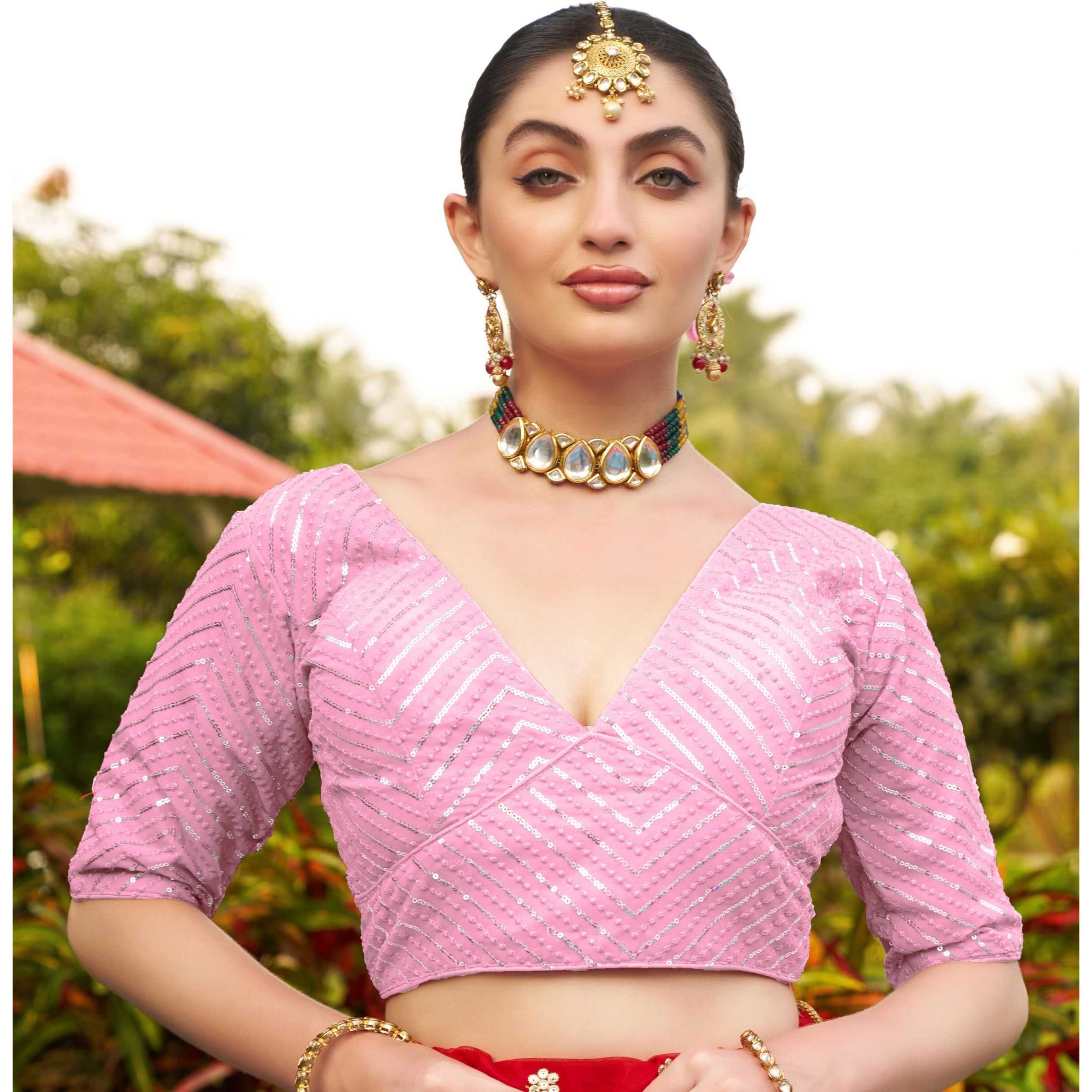 Pujia Mills Womens Fancy Readymade Half Sleeve Sequins Saree Blouse (Baby Pink, 32)