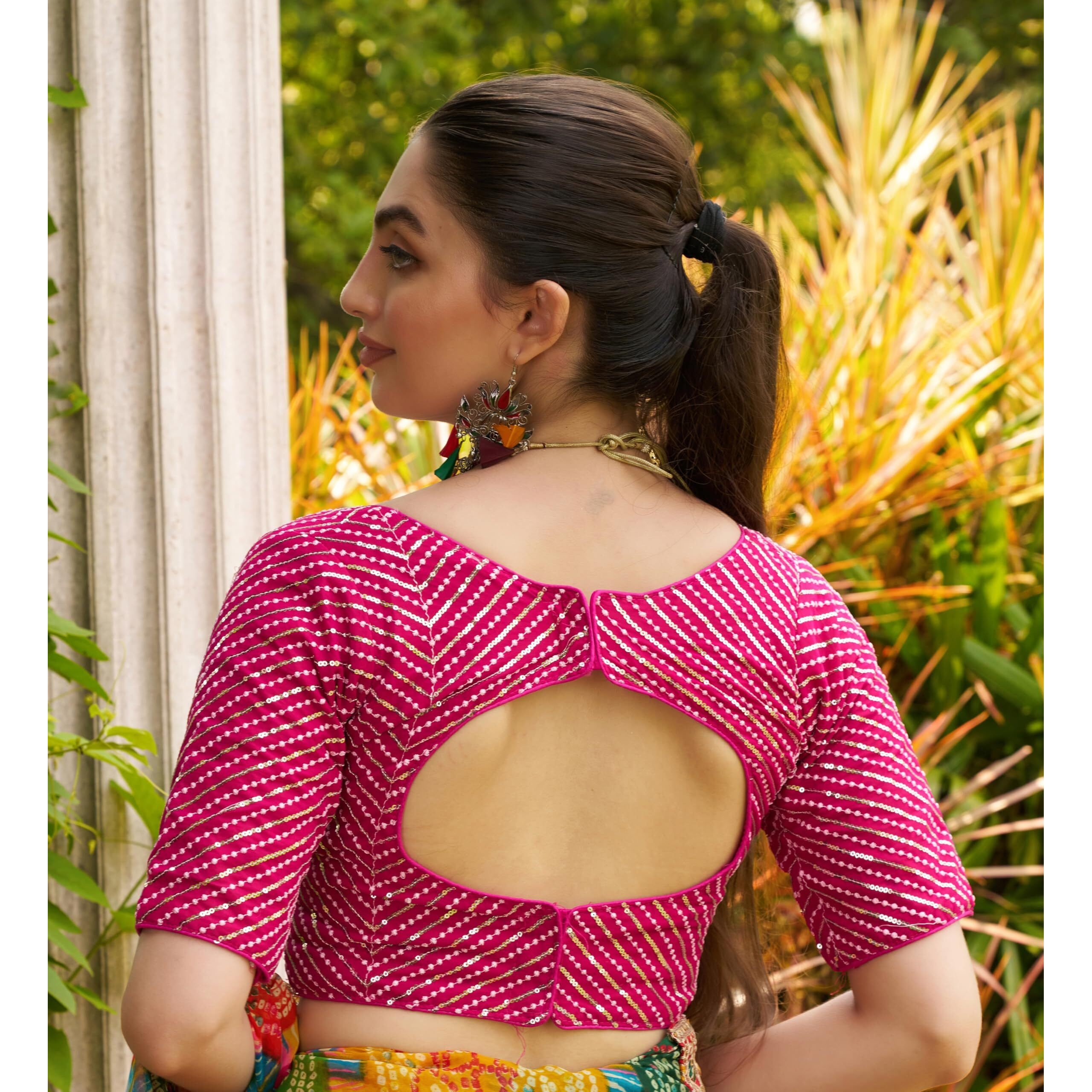 Pujia Mills Womens Fancy Readymade Half Sleeve Sequins Saree Blouse (Pink 1, 36)
