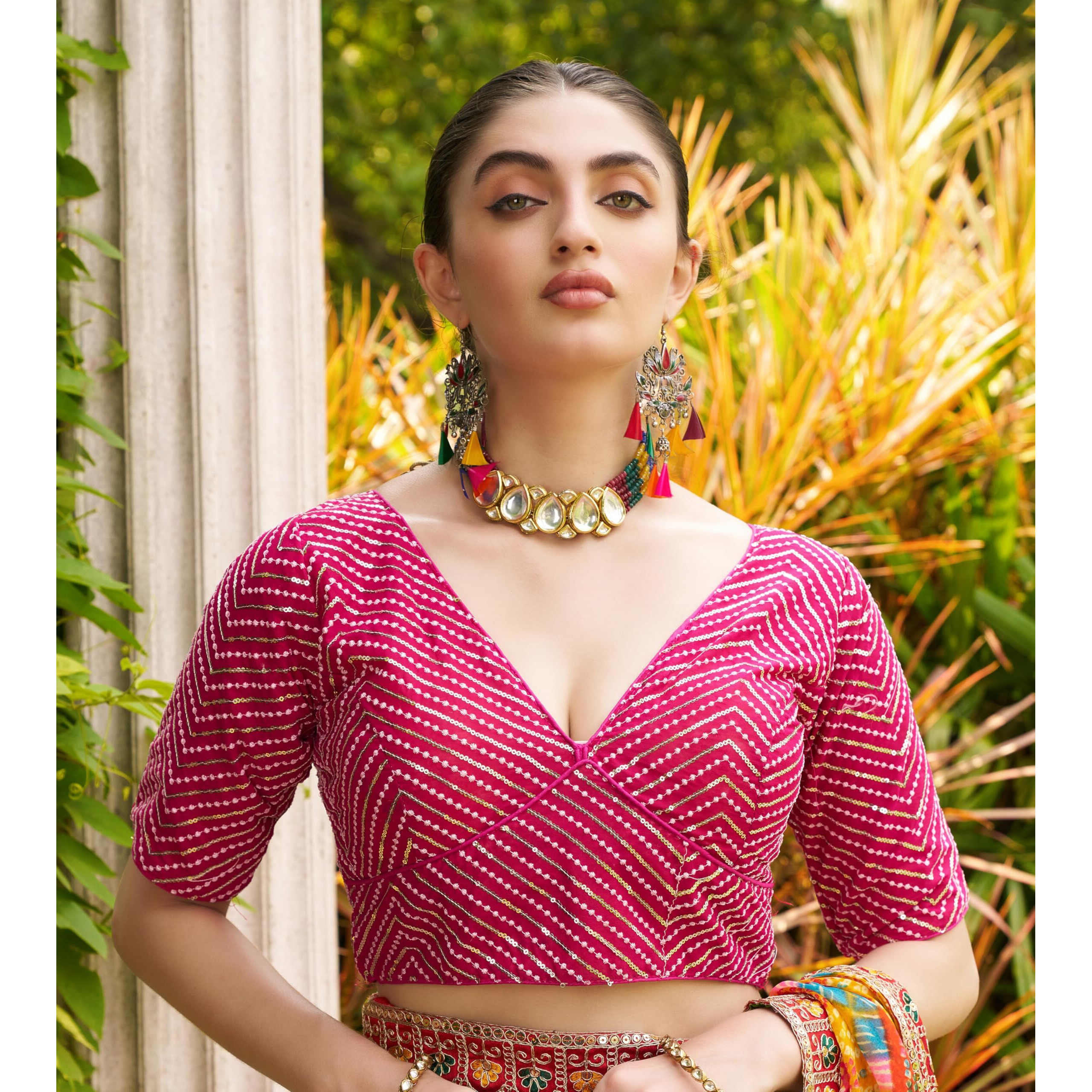 Pujia Mills Womens Fancy Readymade Half Sleeve Sequins Saree Blouse (Pink 1, 36)