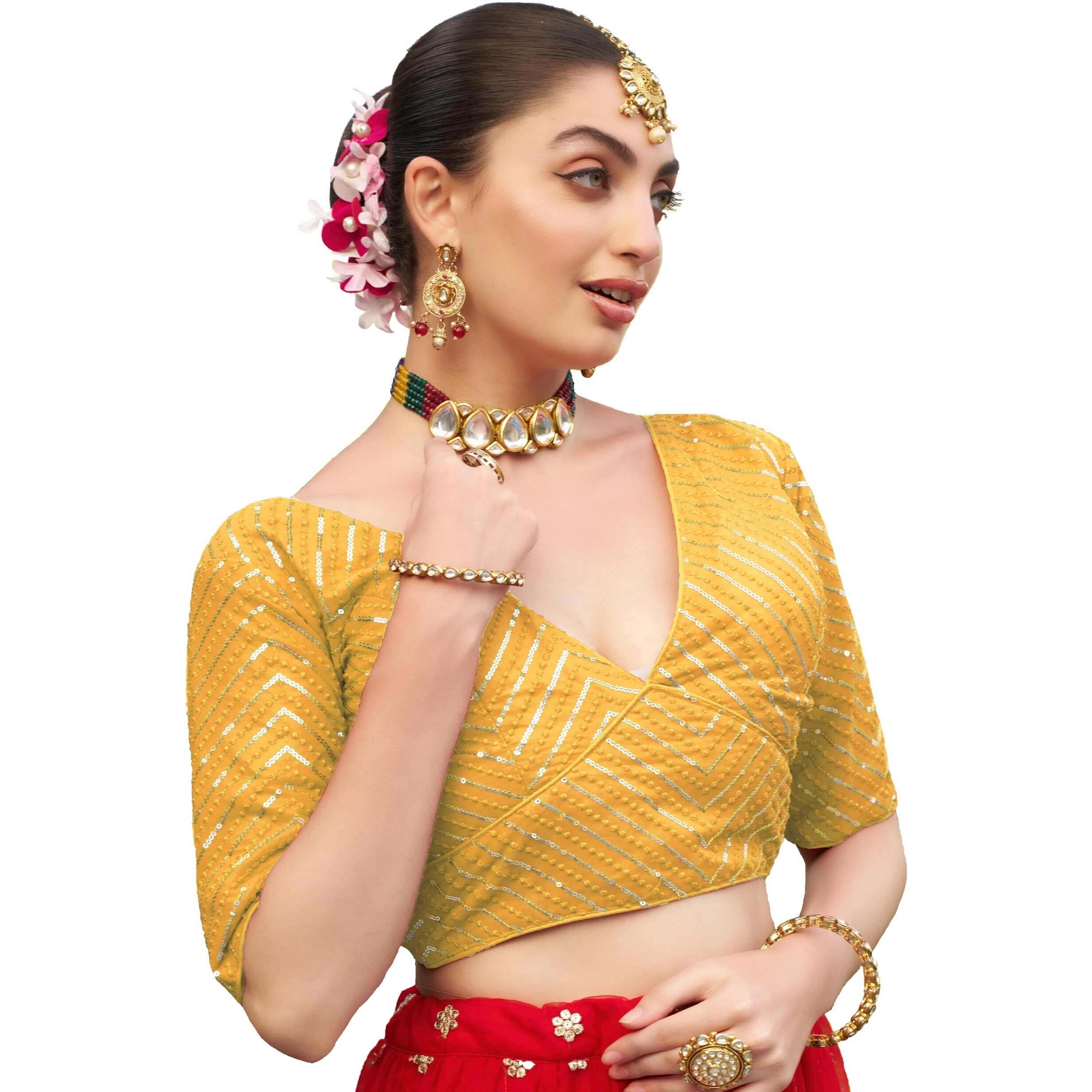 Pujia Mills Womens Fancy Readymade Half Sleeve Sequins Saree Blouse (Yellow, 34)