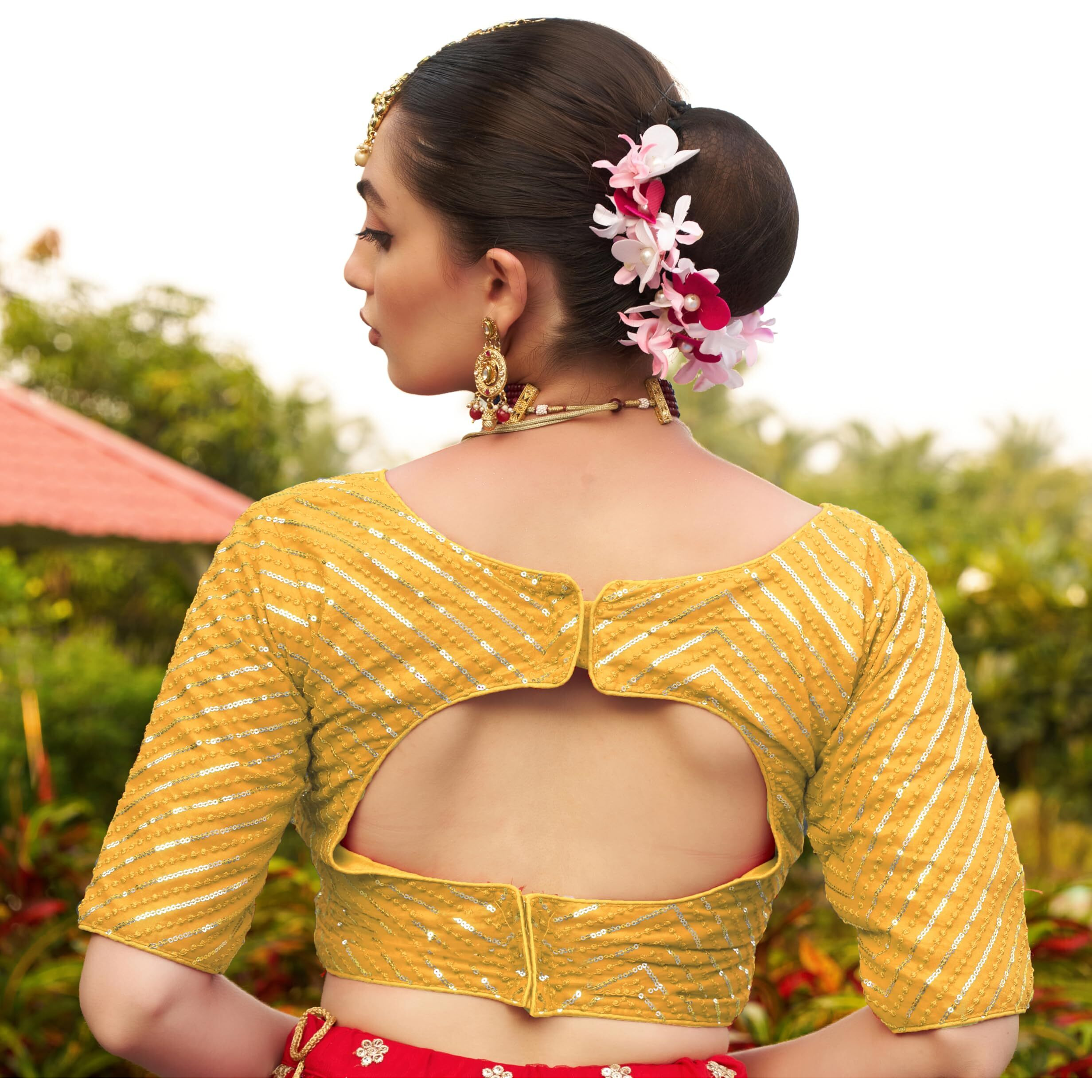 Pujia Mills Womens Fancy Readymade Half Sleeve Sequins Saree Blouse (Yellow, 34)