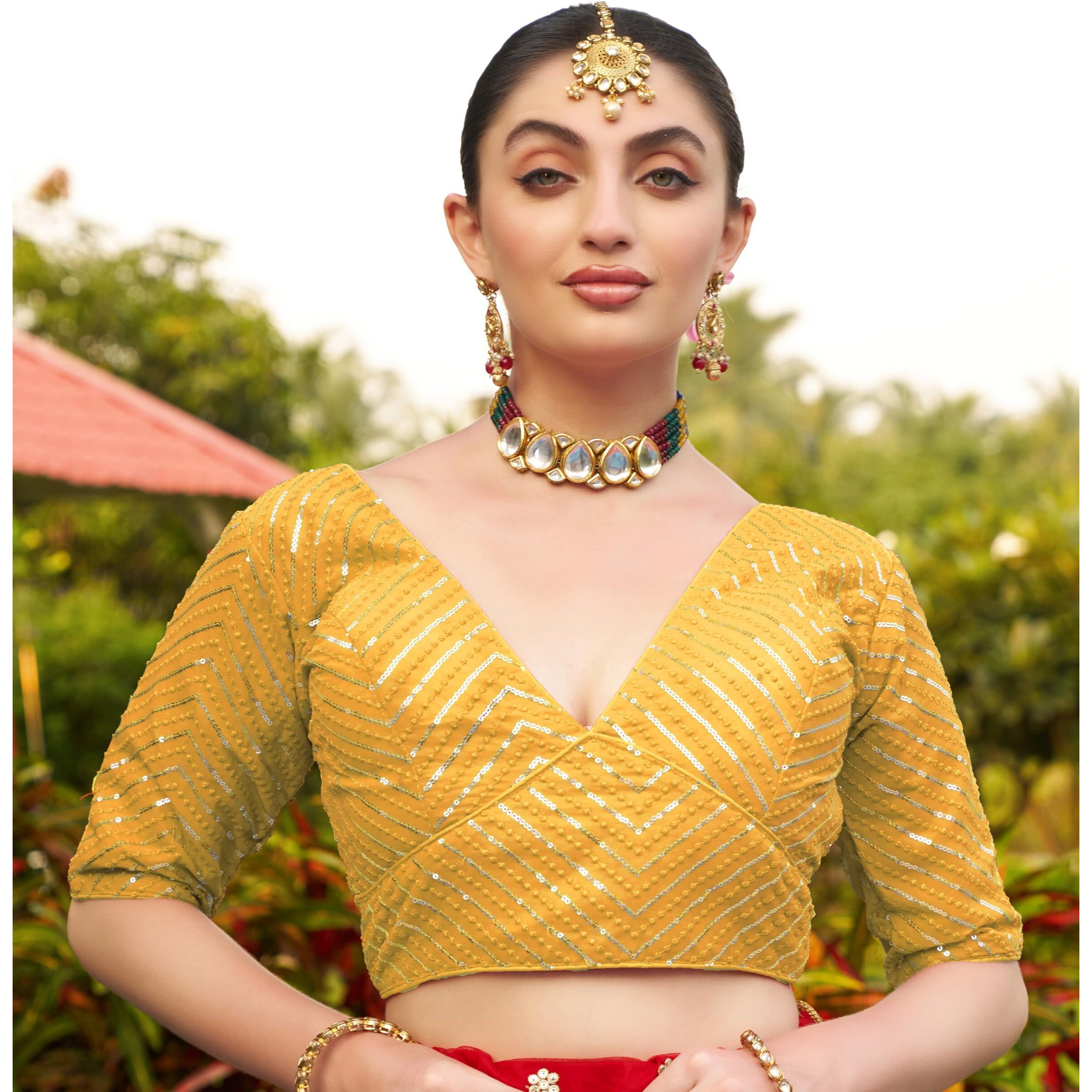 Pujia Mills Womens Fancy Readymade Half Sleeve Sequins Saree Blouse (Yellow, 34)