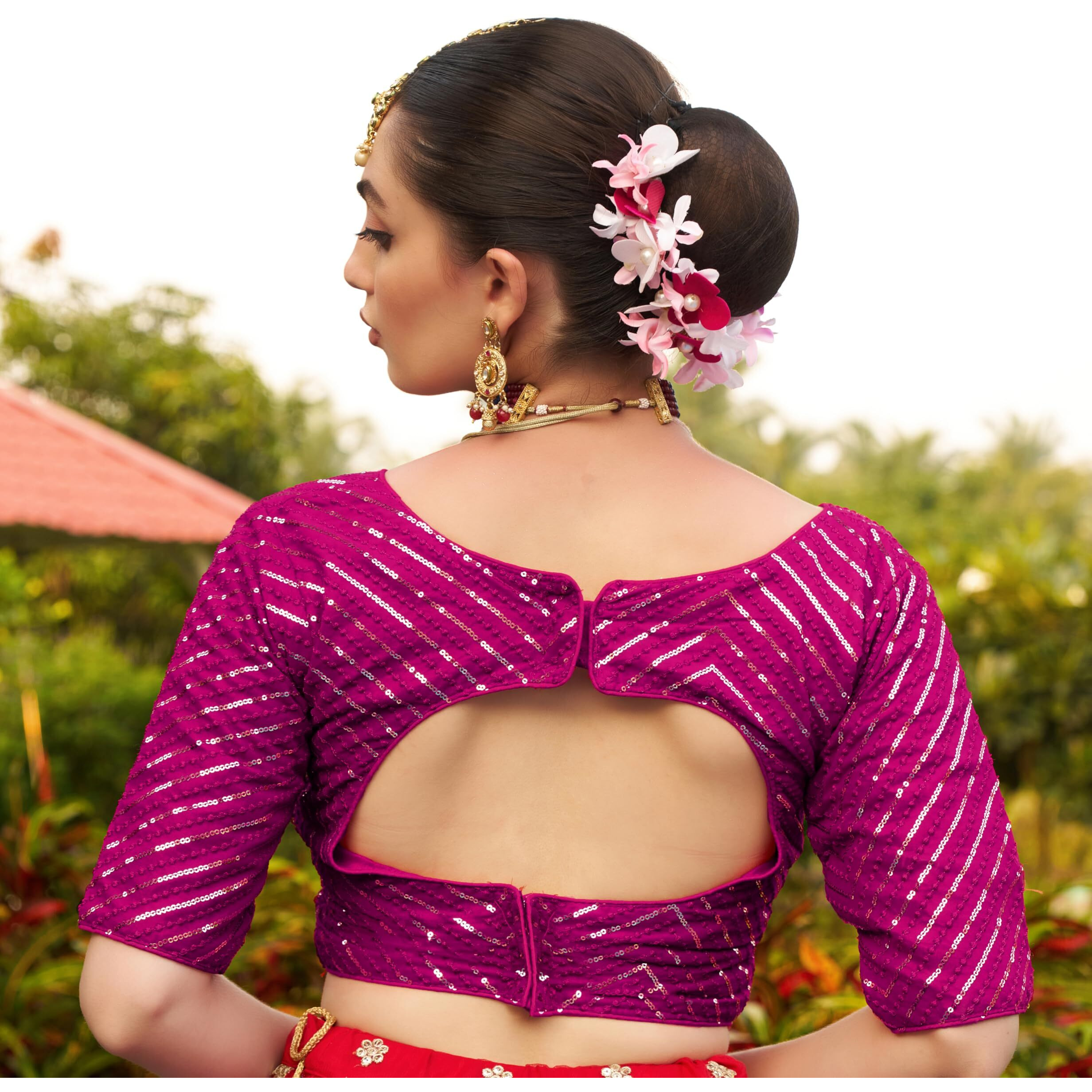 Pujia Mills Womens Fancy Readymade Half Sleeve Sequins Saree Blouse (Rani, 34)