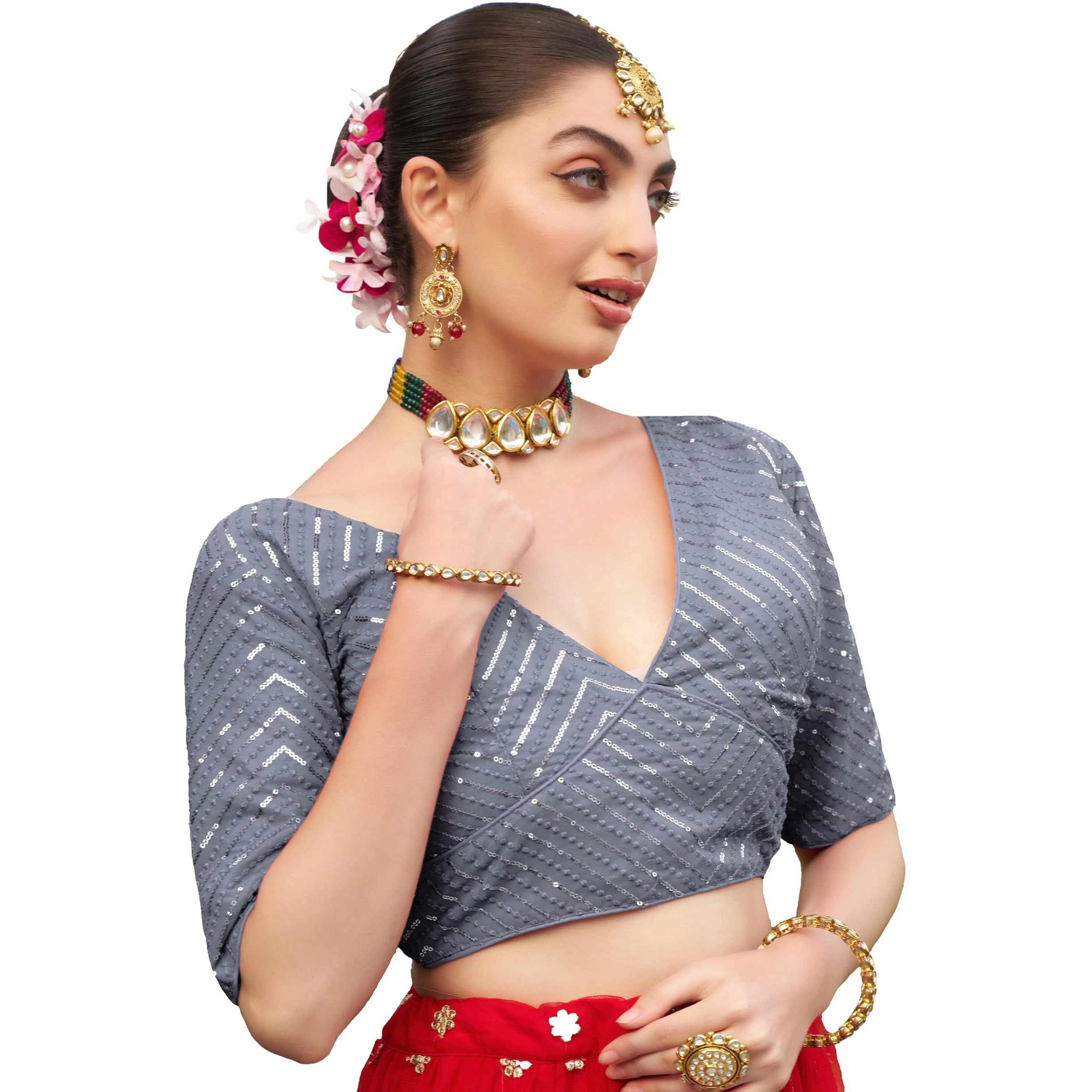 Pujia Mills Womens Fancy Readymade Half Sleeve Sequins Saree Blouse (Grey, 36)