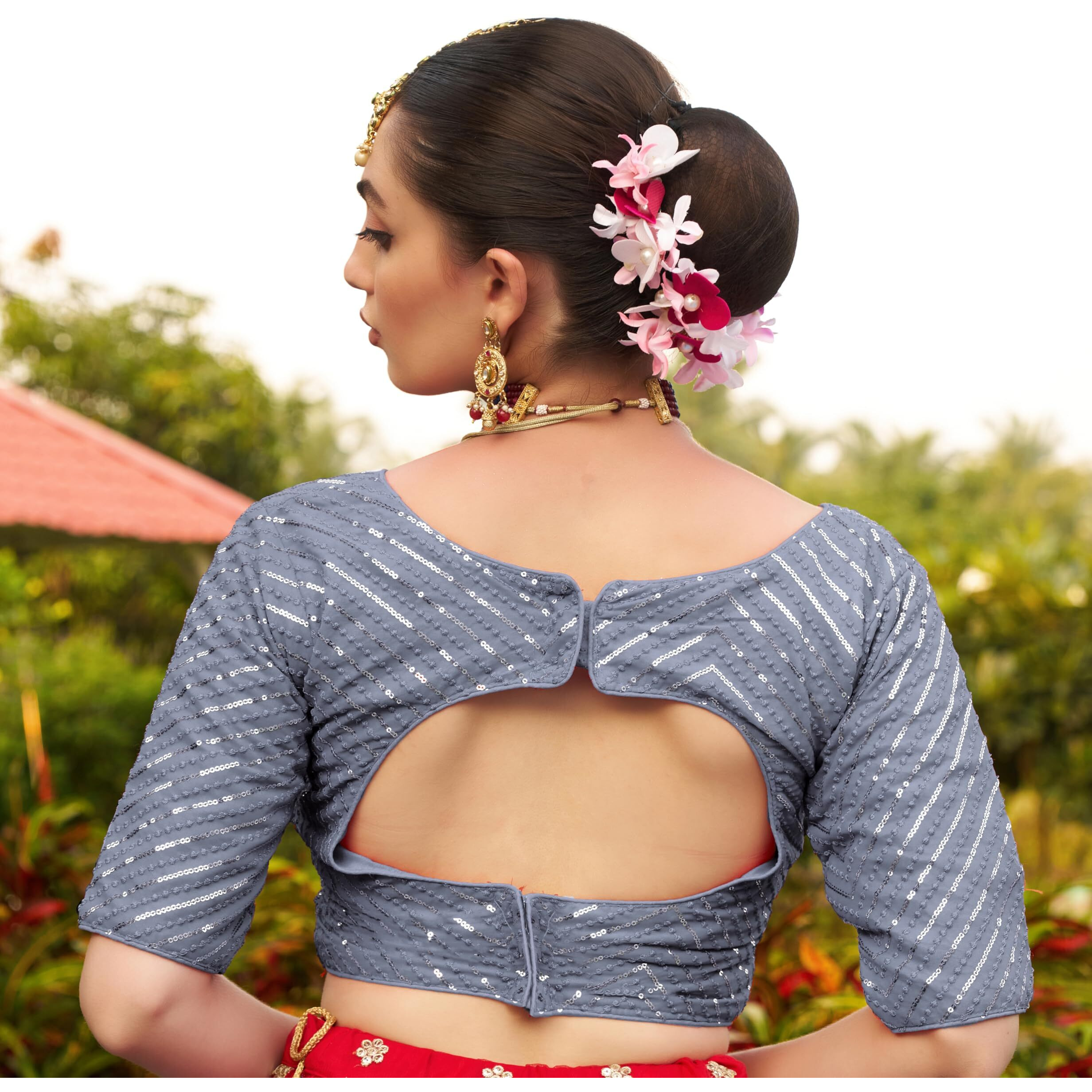 Pujia Mills Womens Fancy Readymade Half Sleeve Sequins Saree Blouse (Grey, 36)