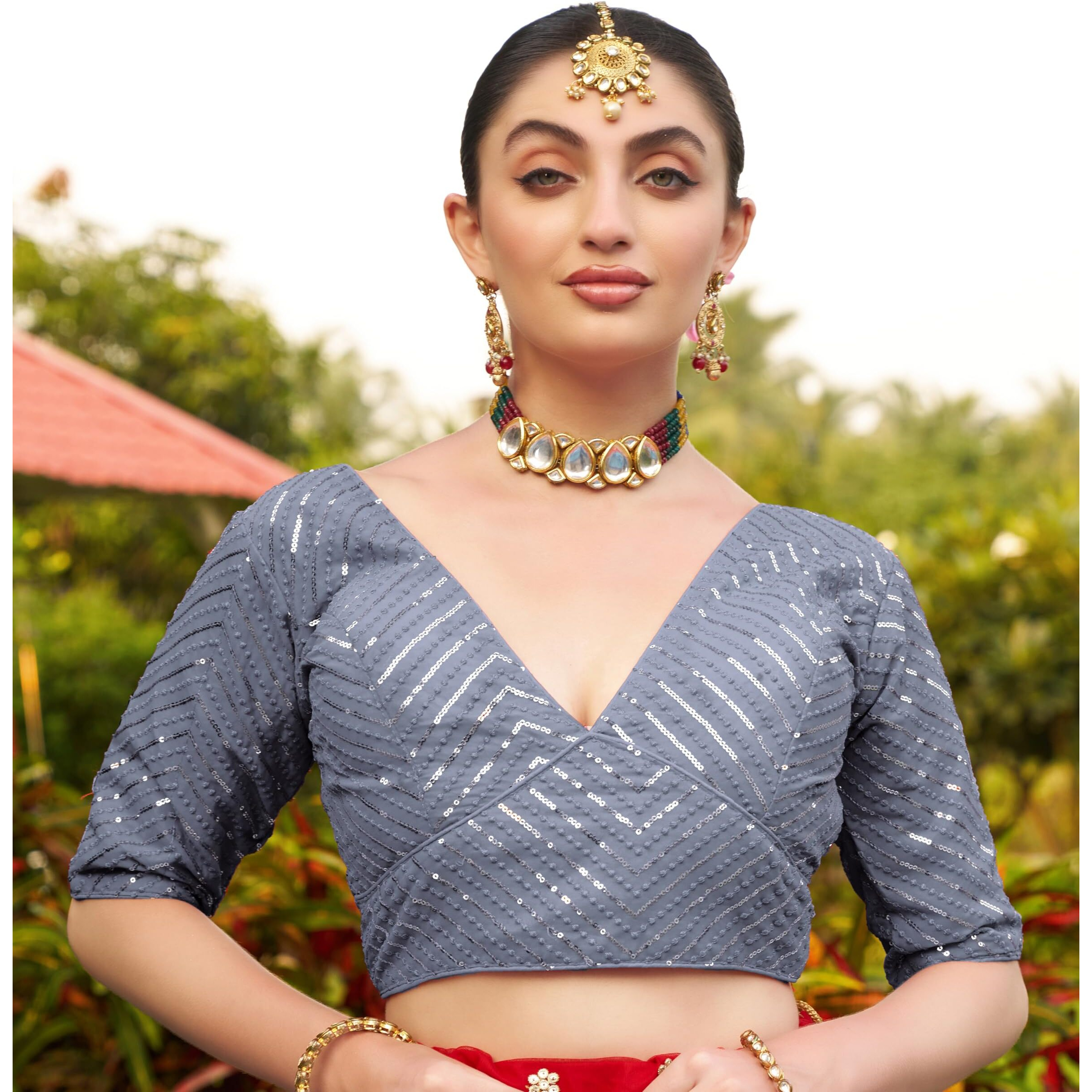 Pujia Mills Womens Fancy Readymade Half Sleeve Sequins Saree Blouse (Grey, 36)