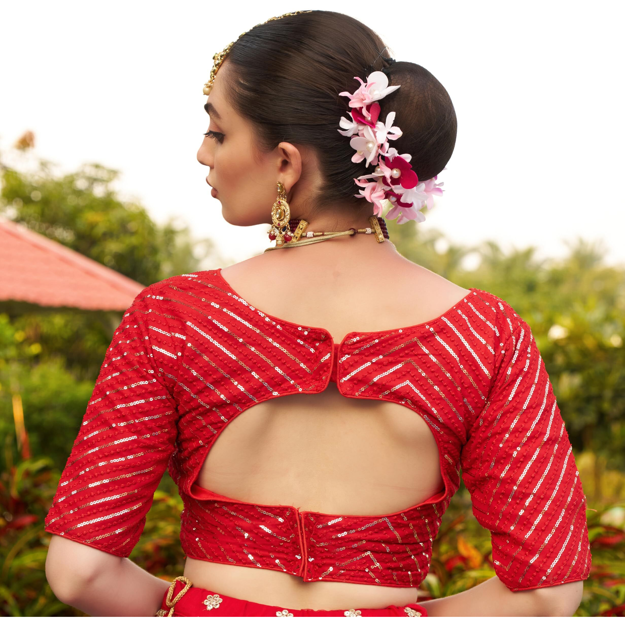 Pujia Mills Womens Fancy Readymade Half Sleeve Sequins Saree Blouse (Red, 32)