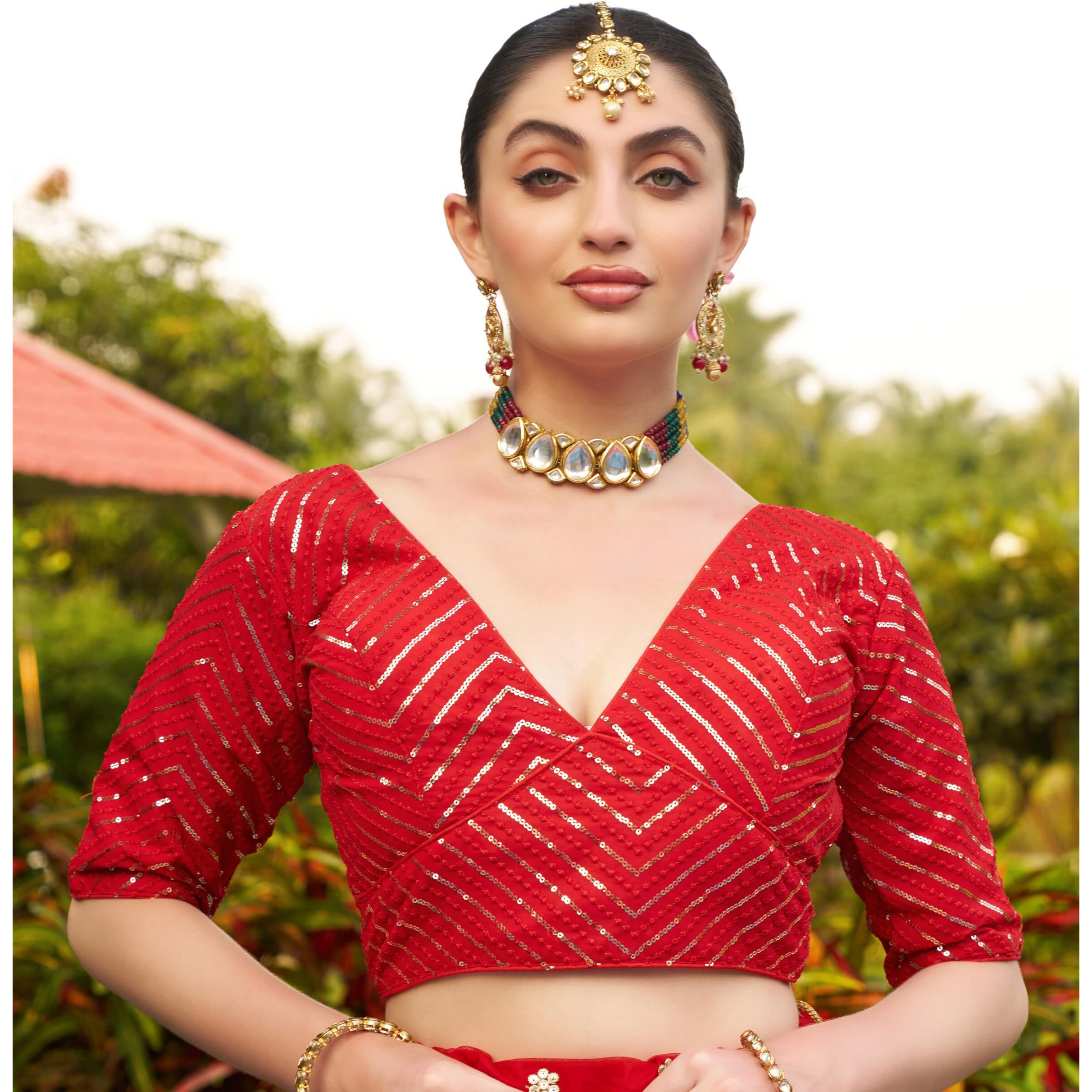 Pujia Mills Womens Fancy Readymade Half Sleeve Sequins Saree Blouse (Red, 32)