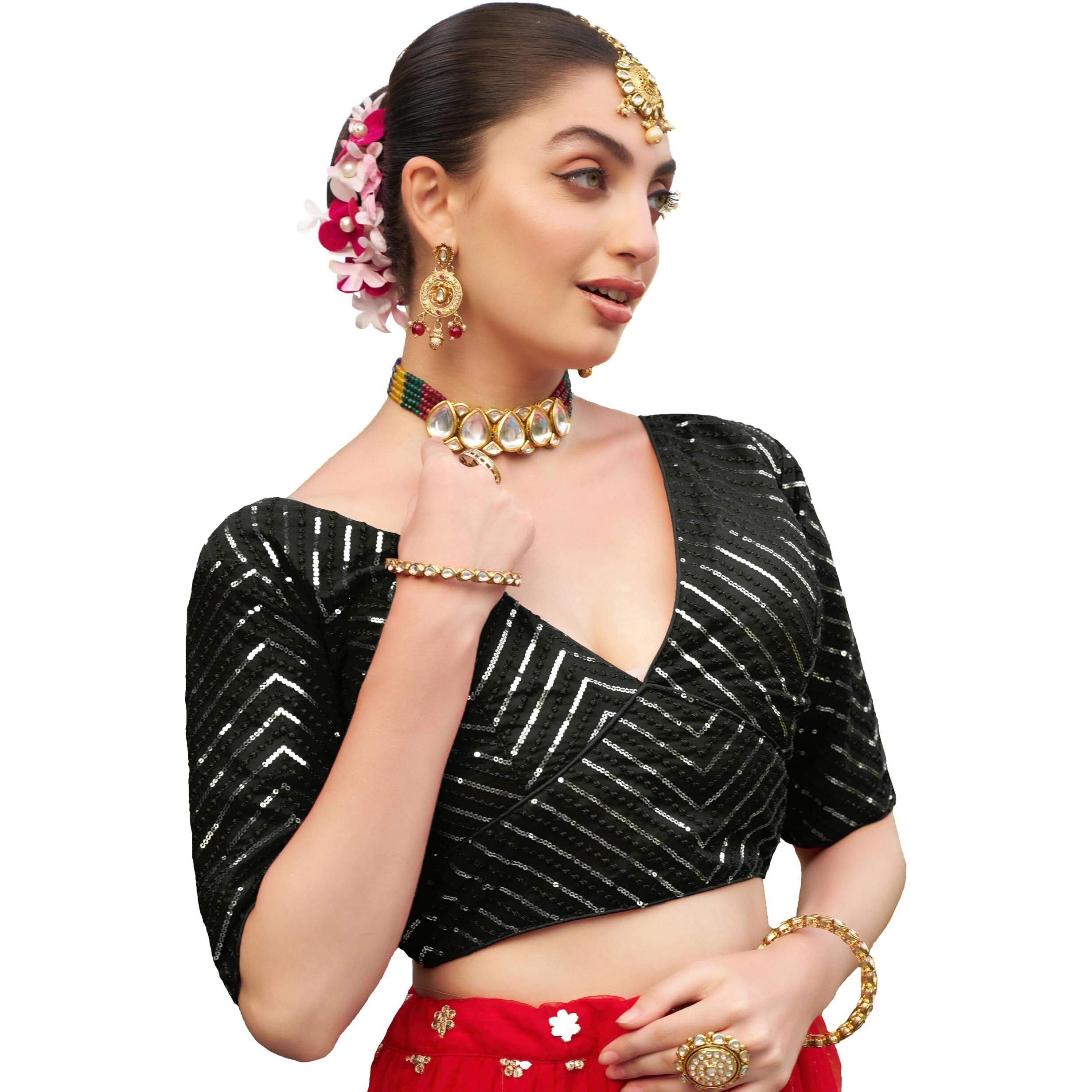 Pujia Mills Womens Fancy Readymade Half Sleeve Sequins Saree Blouse (Black, 34)