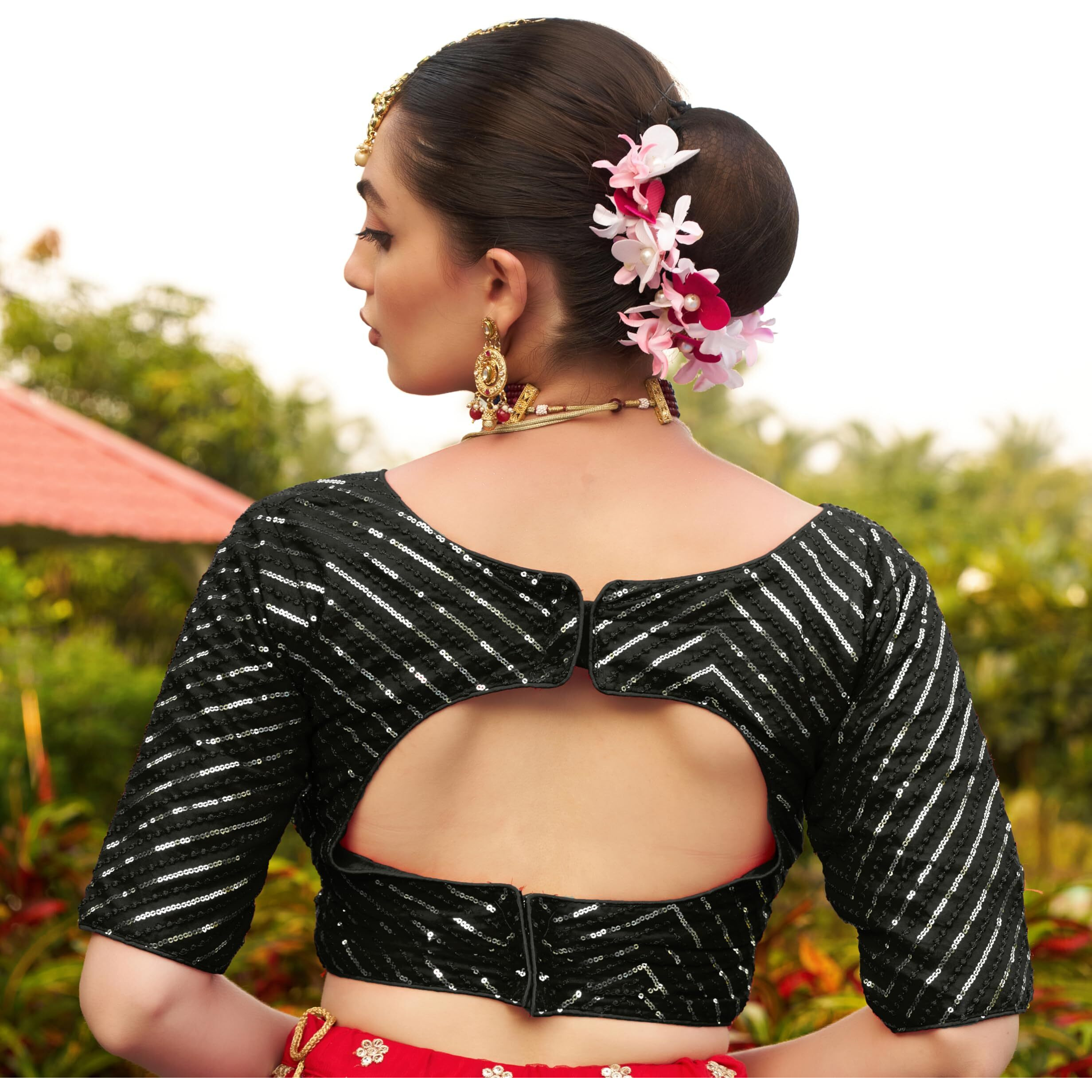 Pujia Mills Womens Fancy Readymade Half Sleeve Sequins Saree Blouse (Black, 34)
