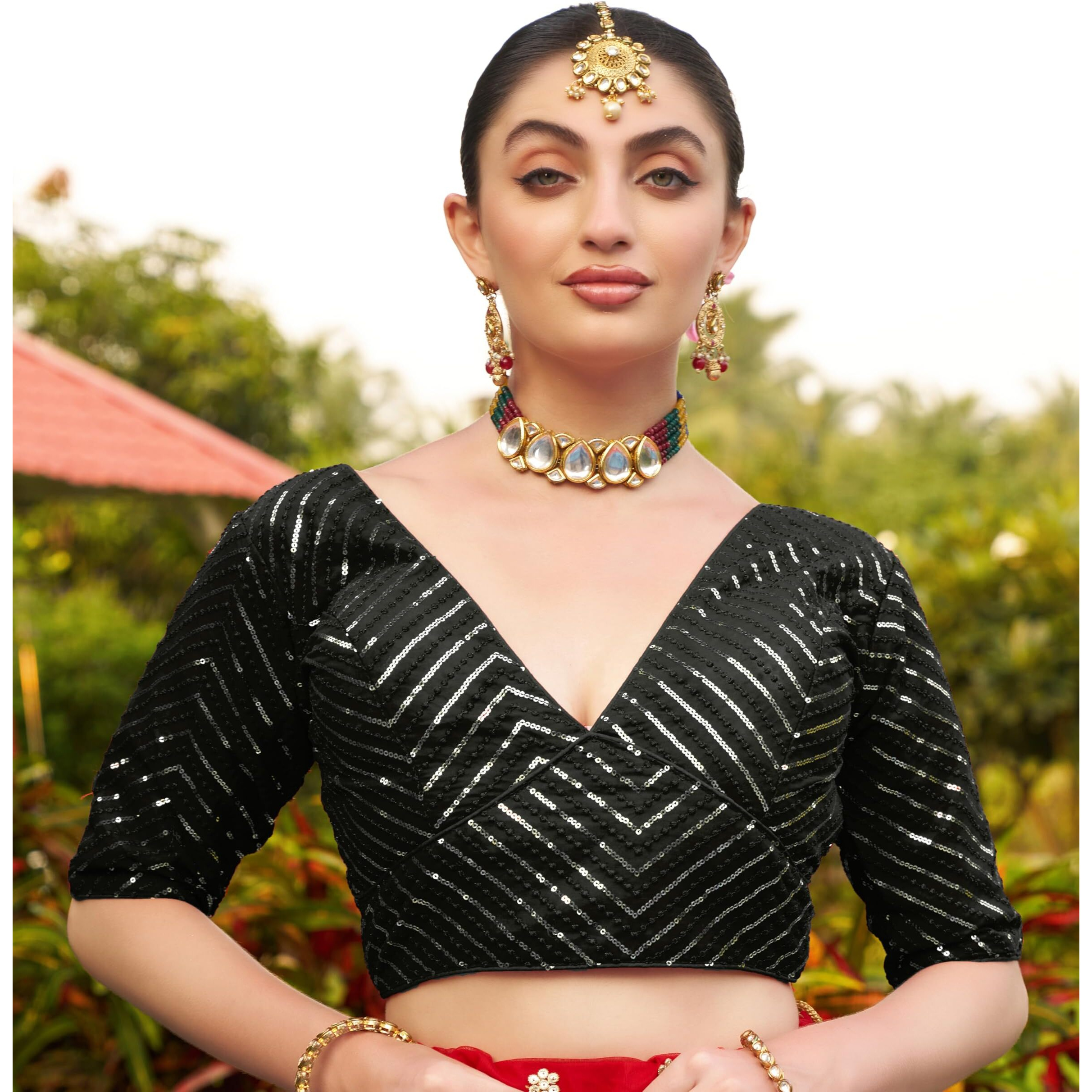 Pujia Mills Womens Fancy Readymade Half Sleeve Sequins Saree Blouse (Black, 34)