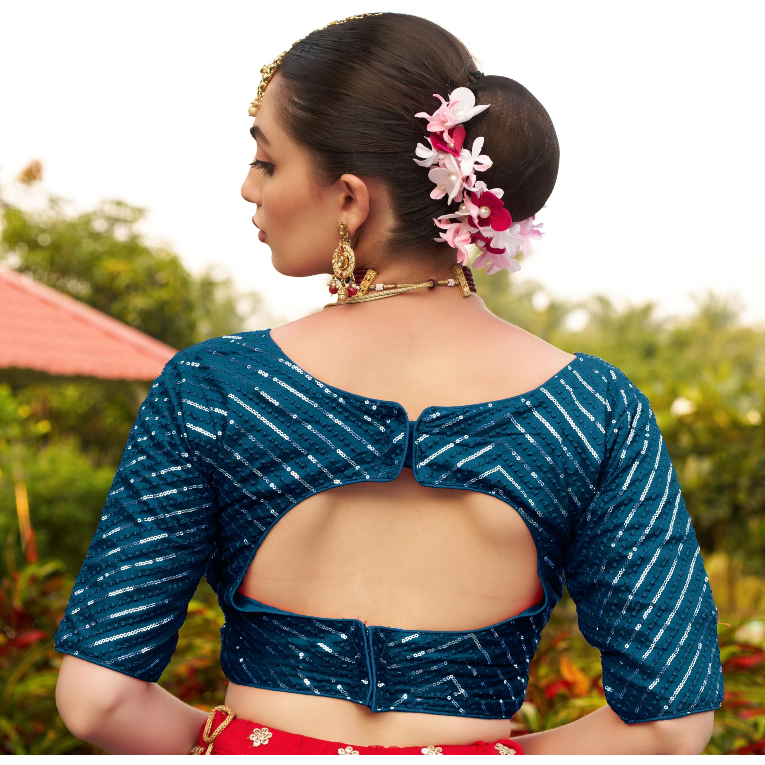 Pujia Mills Womens Fancy Readymade Half Sleeve Sequins Saree Blouse (Morpeach, 32)
