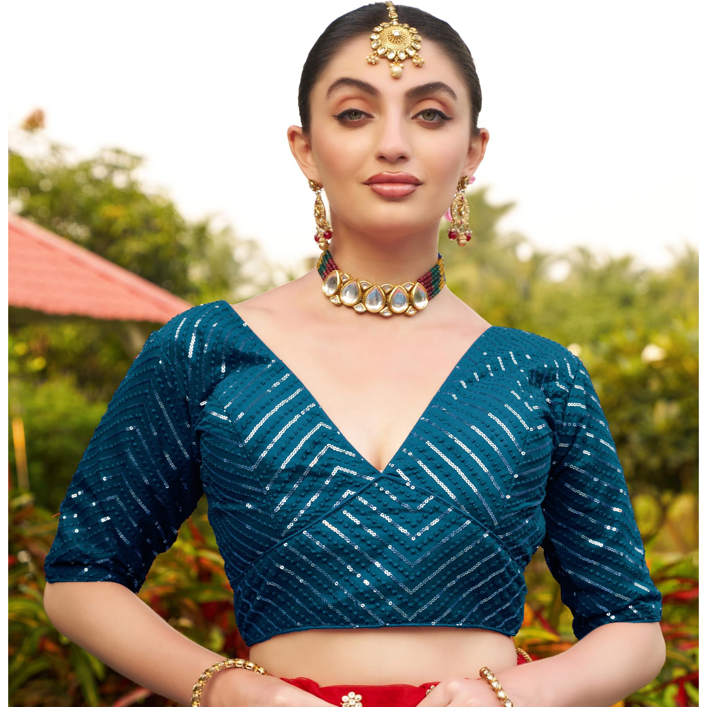 Pujia Mills Womens Fancy Readymade Half Sleeve Sequins Saree Blouse (Morpeach, 32)