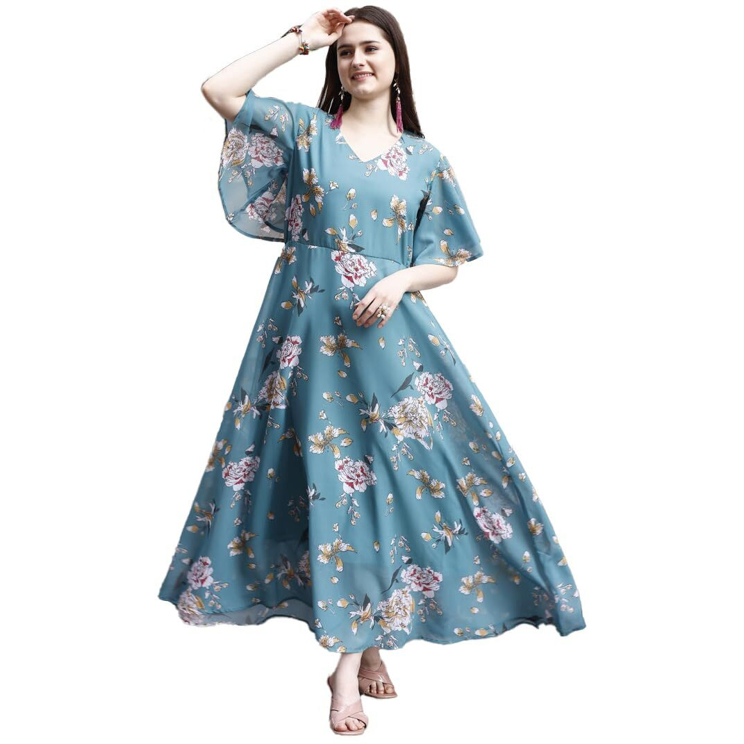 SMOWKLY Women's Georgette Floral Printed Indo-Western Ethnic Gown || Half Sleeve V Neck Fit & Flare Flared Hem Design || Casual Wear A-Line Maxi Dress 1329_GRN_XL Green