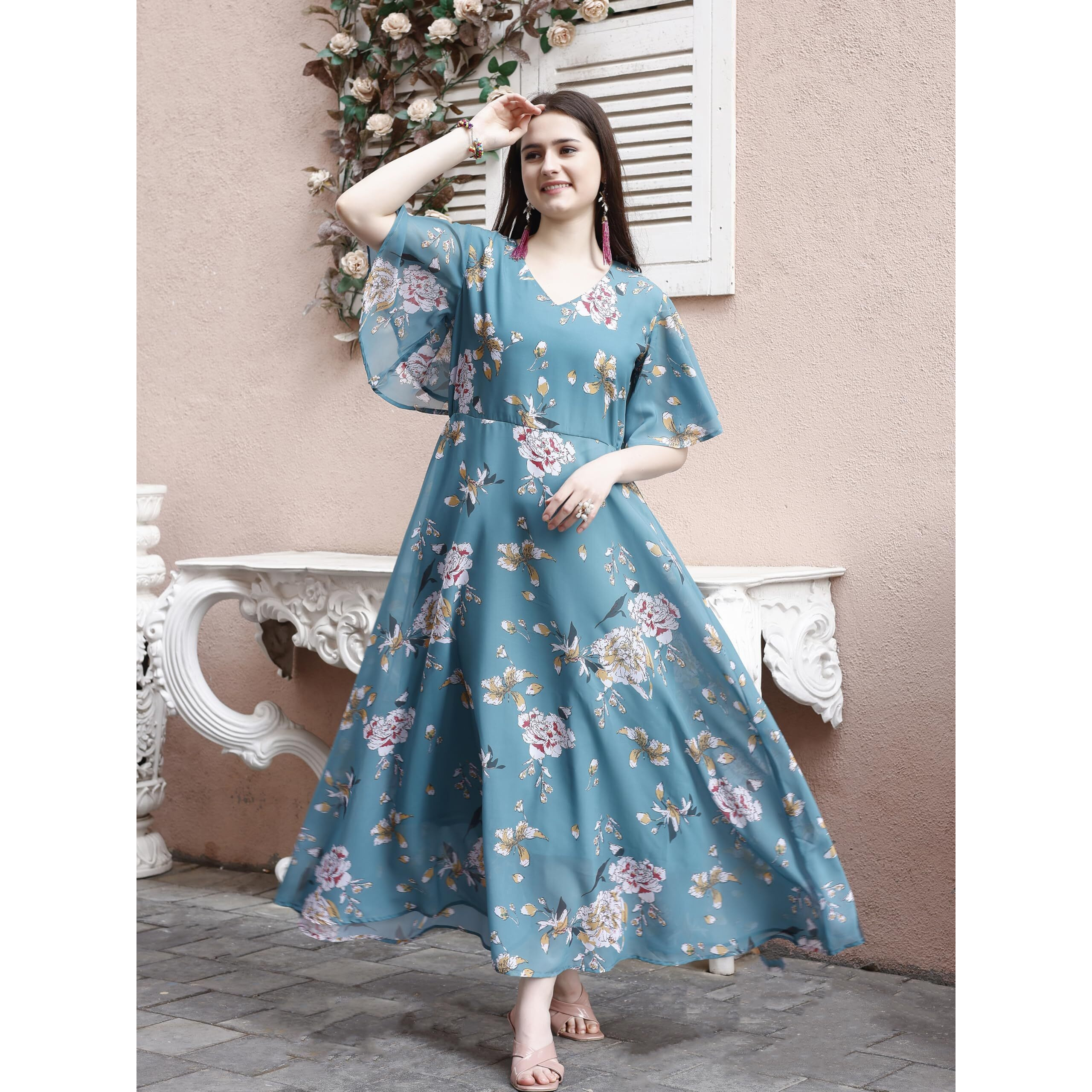 SMOWKLY Women's Georgette Floral Printed Indo-Western Ethnic Gown || Half Sleeve V Neck Fit & Flare Flared Hem Design || Casual Wear A-Line Maxi Dress 1329_GRN_XL Green