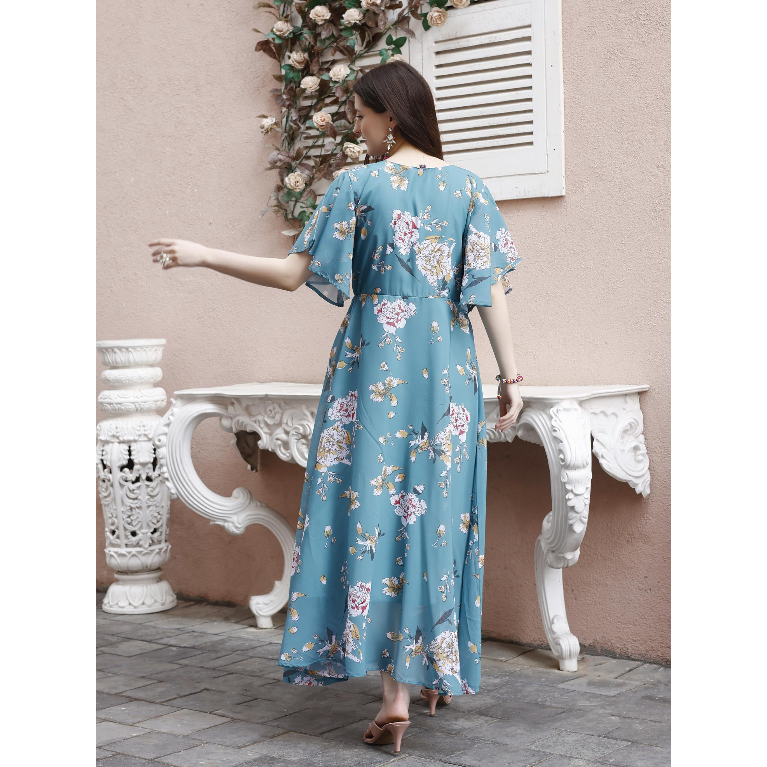 SMOWKLY Women's Georgette Floral Printed Indo-Western Ethnic Gown || Half Sleeve V Neck Fit & Flare Flared Hem Design || Casual Wear A-Line Maxi Dress 1329_GRN_XL Green