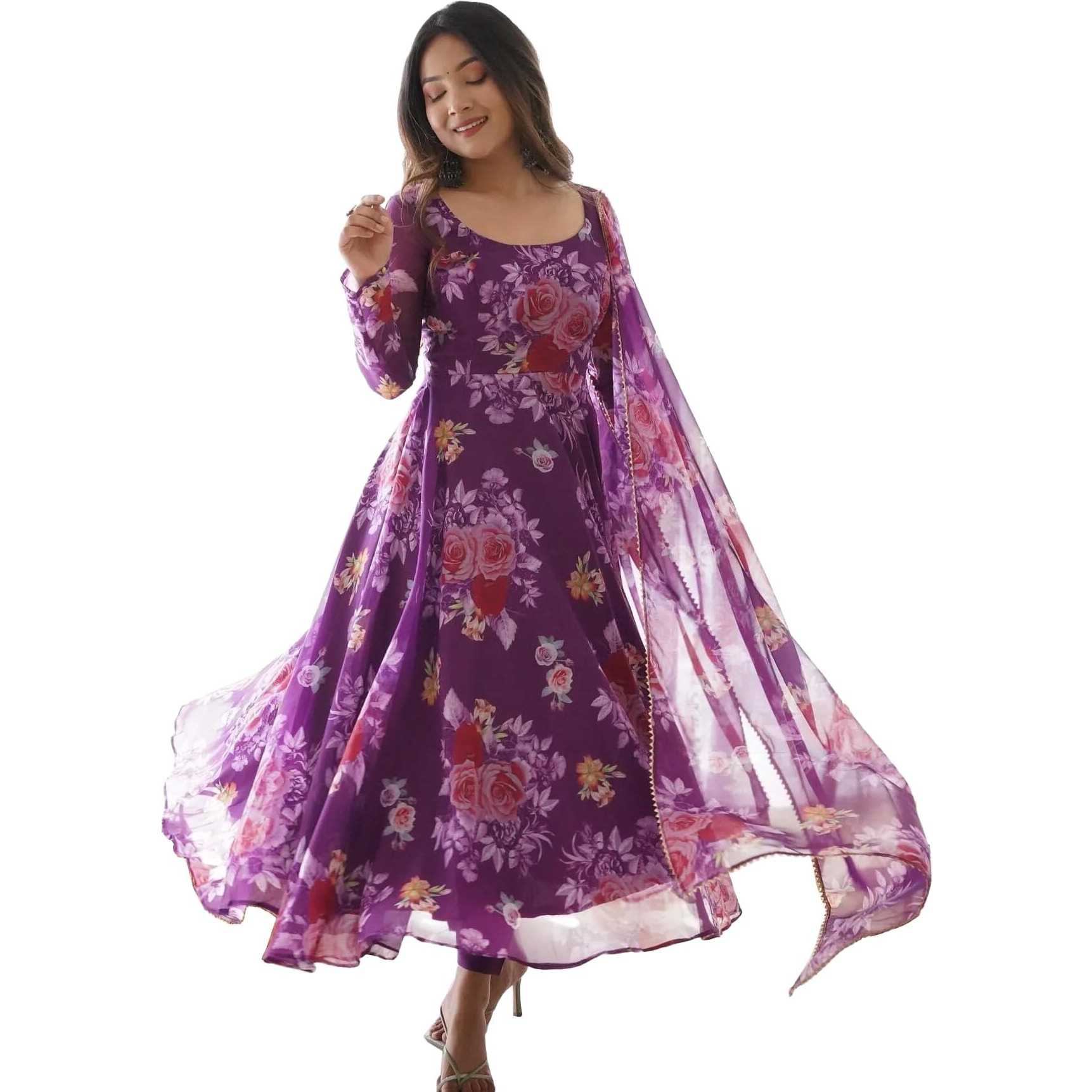 Wedani Women Floral Print Anarkali Kurta with Pant and Duptta (Small, Purple-1)
