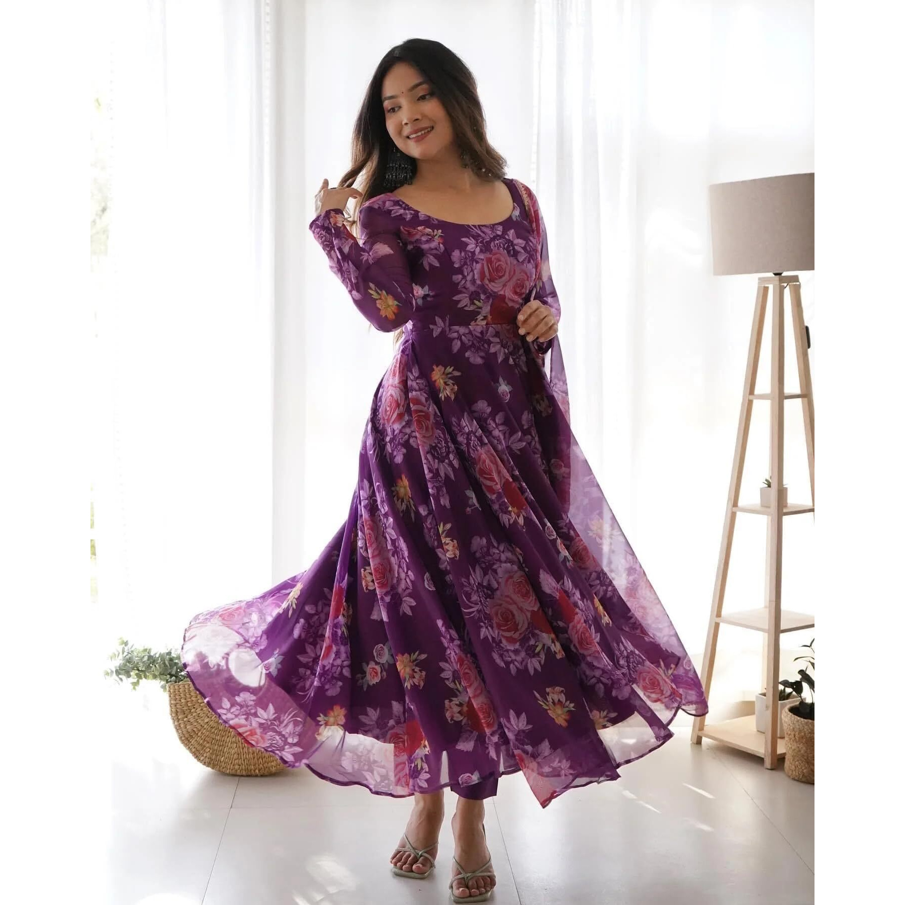 Wedani Women Floral Print Anarkali Kurta with Pant and Duptta (Small, Purple-1)