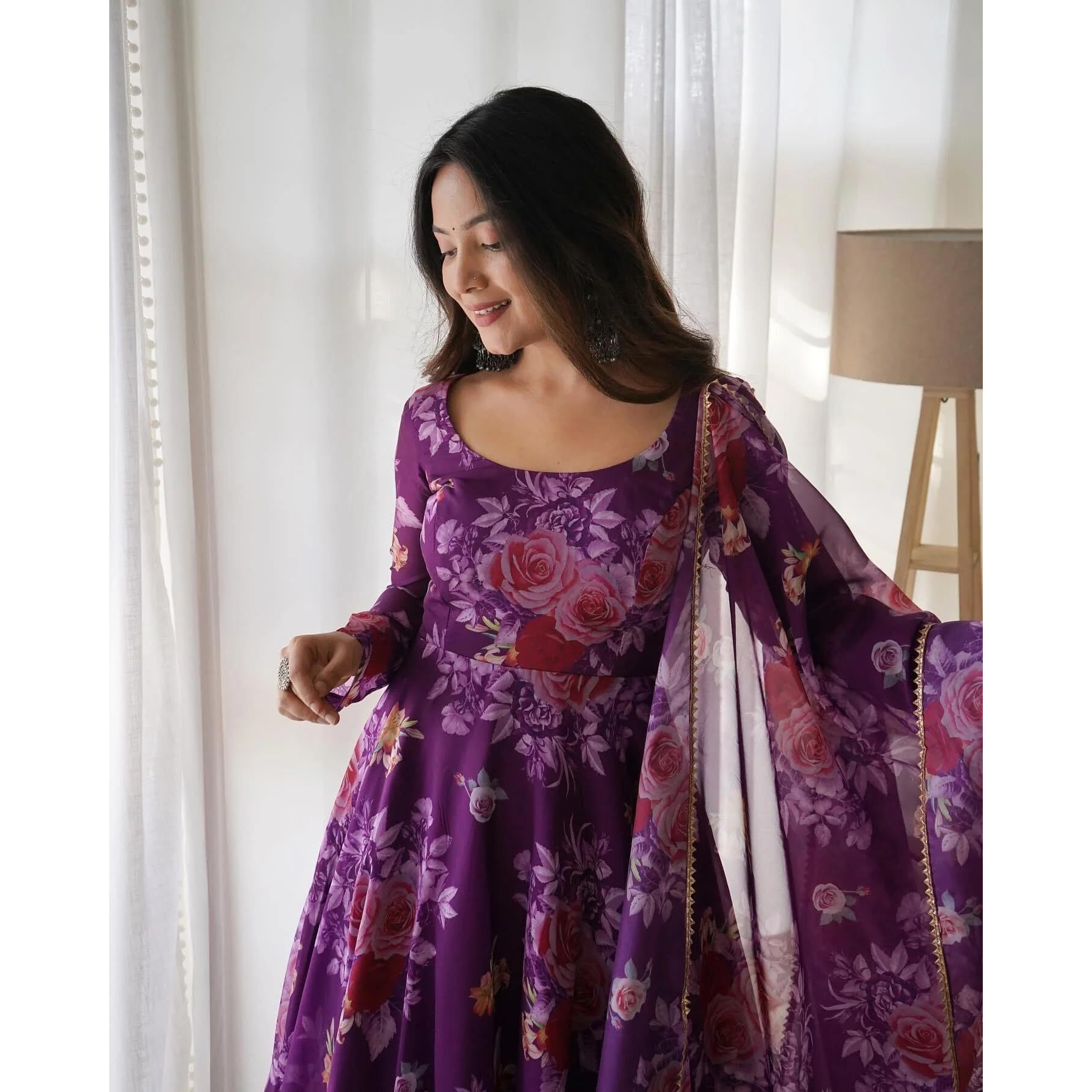 Wedani Women Floral Print Anarkali Kurta with Pant and Duptta (Small, Purple-1)