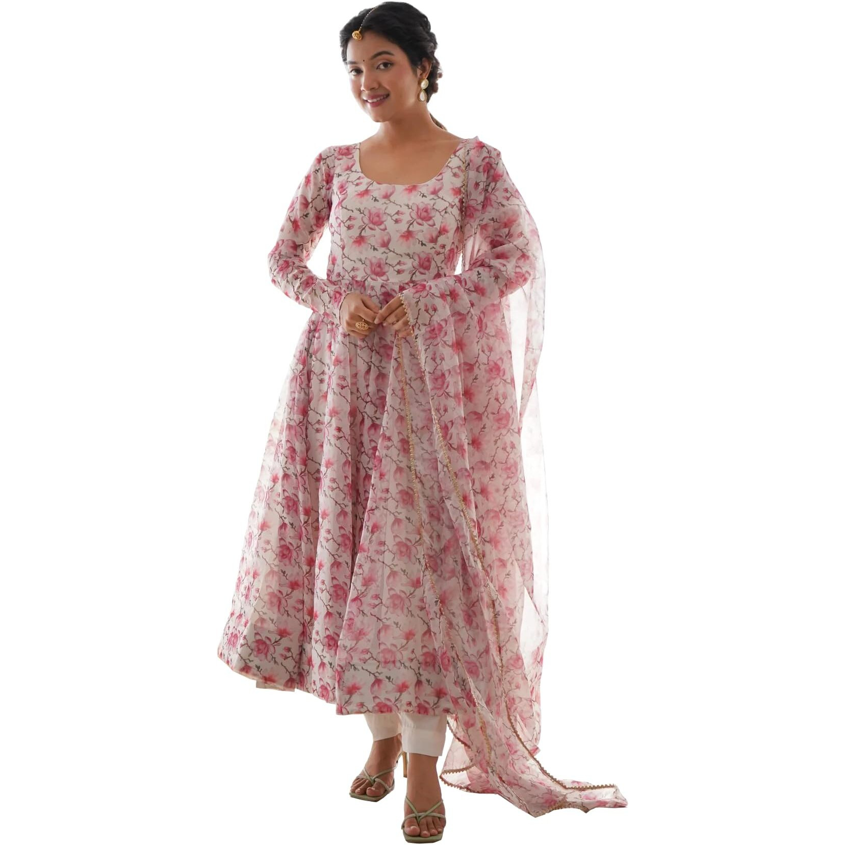 Women Floral Print Anarkali Kurta with Pant and Duptta (Medium, Pink)