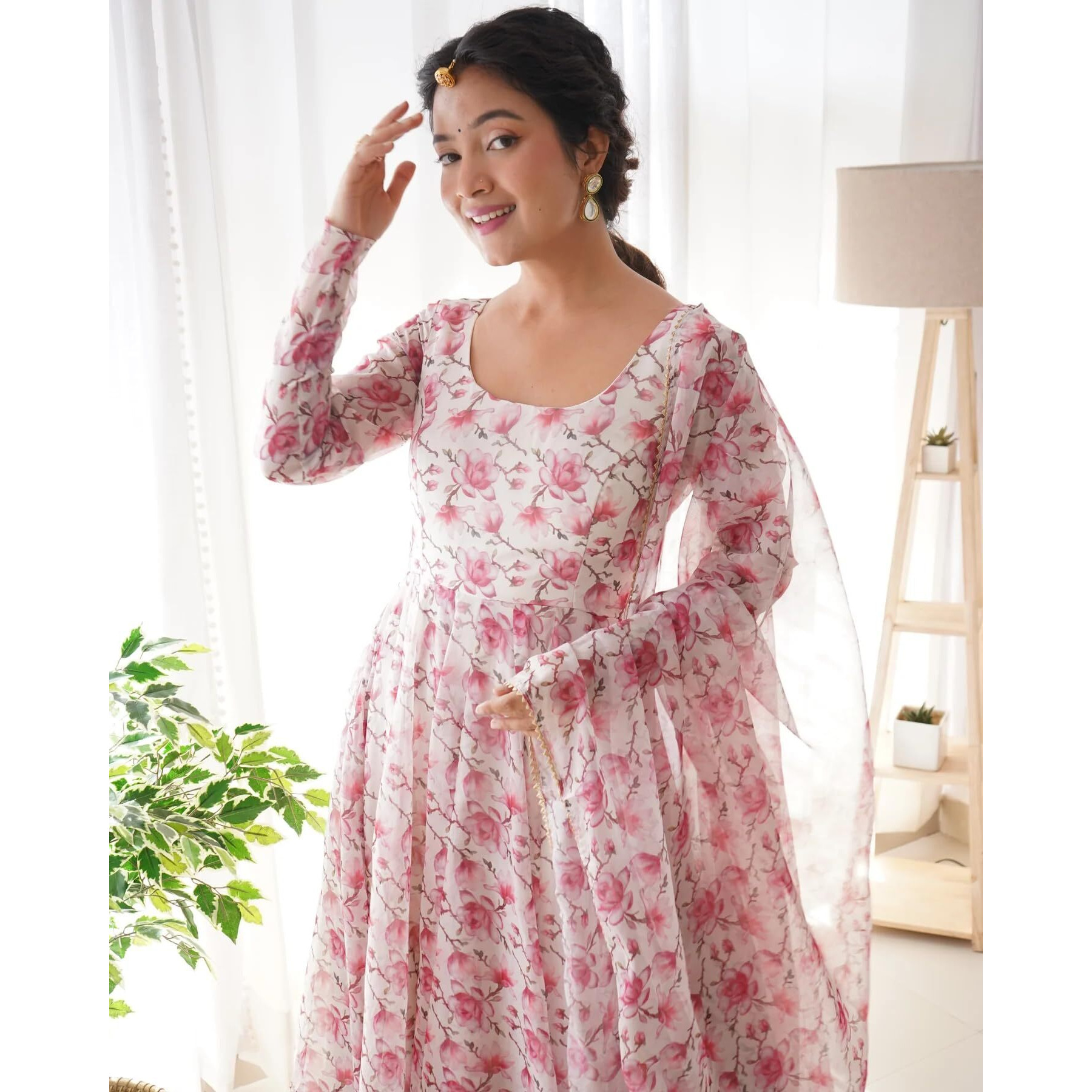 Women Floral Print Anarkali Kurta with Pant and Duptta (Medium, Pink)