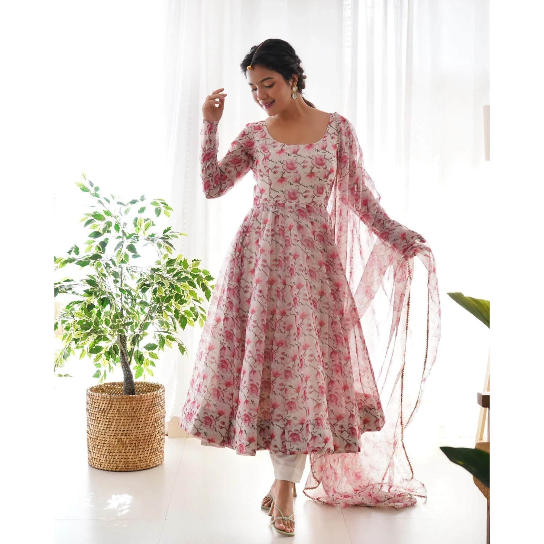 Women Floral Print Anarkali Kurta with Pant and Duptta (Medium, Pink)