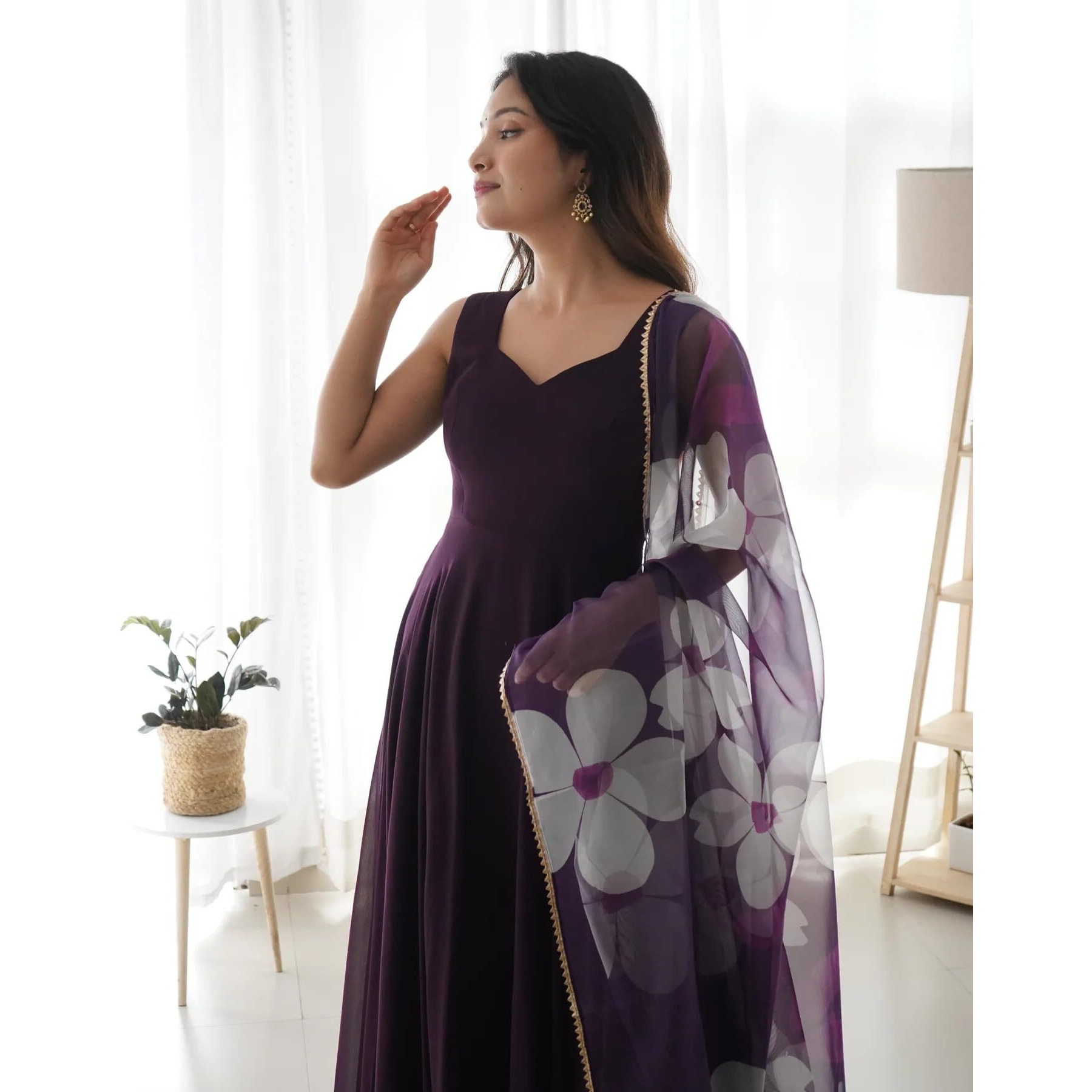 Wedani Women Floral Print Anarkali Kurta with Pant and Duptta (Large, Purple)