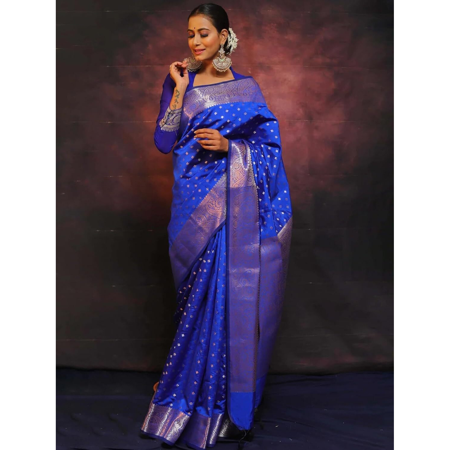 C J Enterprise Women's Banarasi Saree Pure Kanjivaram Silk Sarees Soft Design Wear Pattu Latest Party Cotton With Blouse Piece Kanchipuram for Wedding sadi new 2024 2025 (KeriButti-51) (Royal Blue)