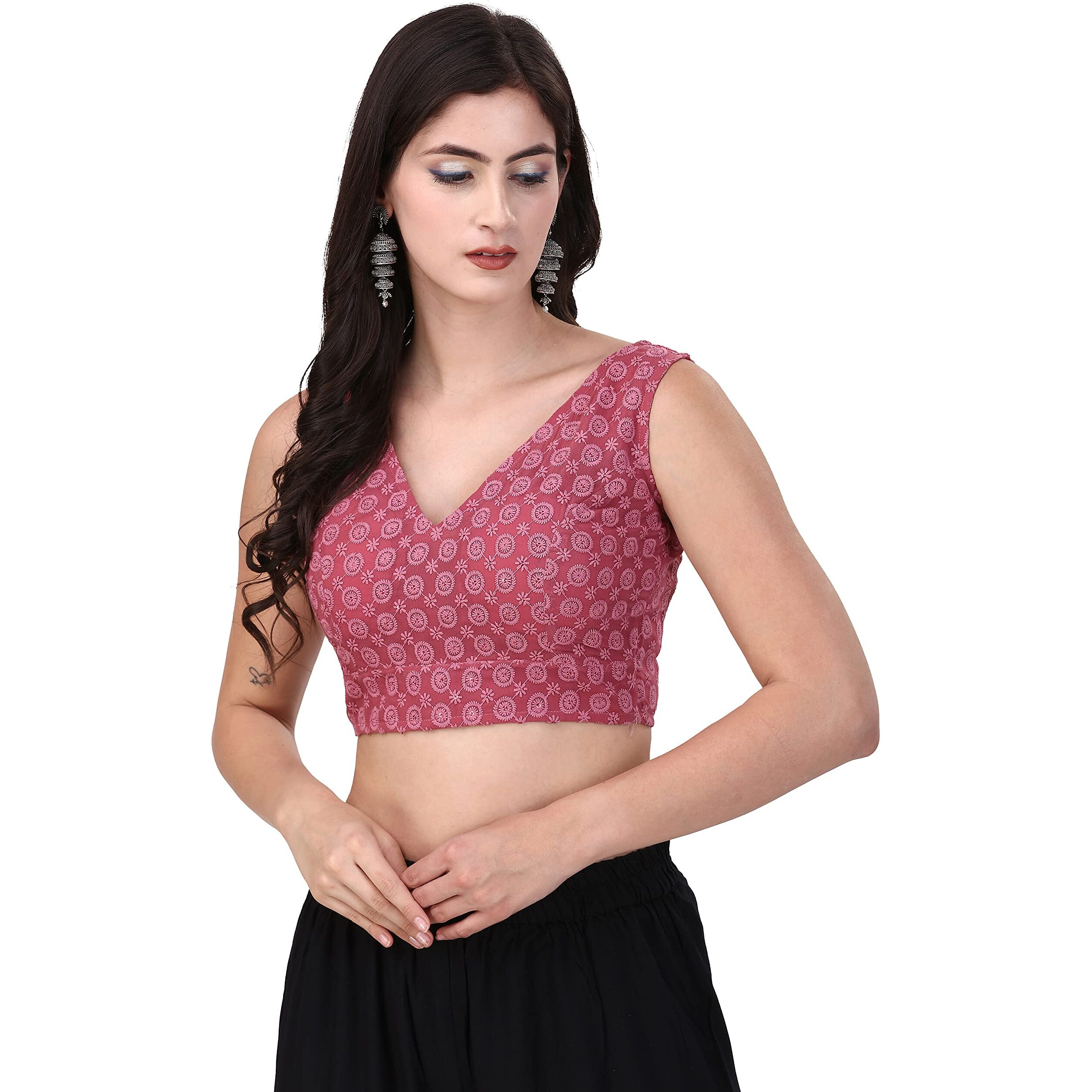 OOMPH Women's Indian Ethnic Wear Designer Round Leaf Pattern V Neck Sleeveless Cotton Pink Blouse for Saree or Lehnga and BlousePalazzos or Skirts for a Fusion Twist.