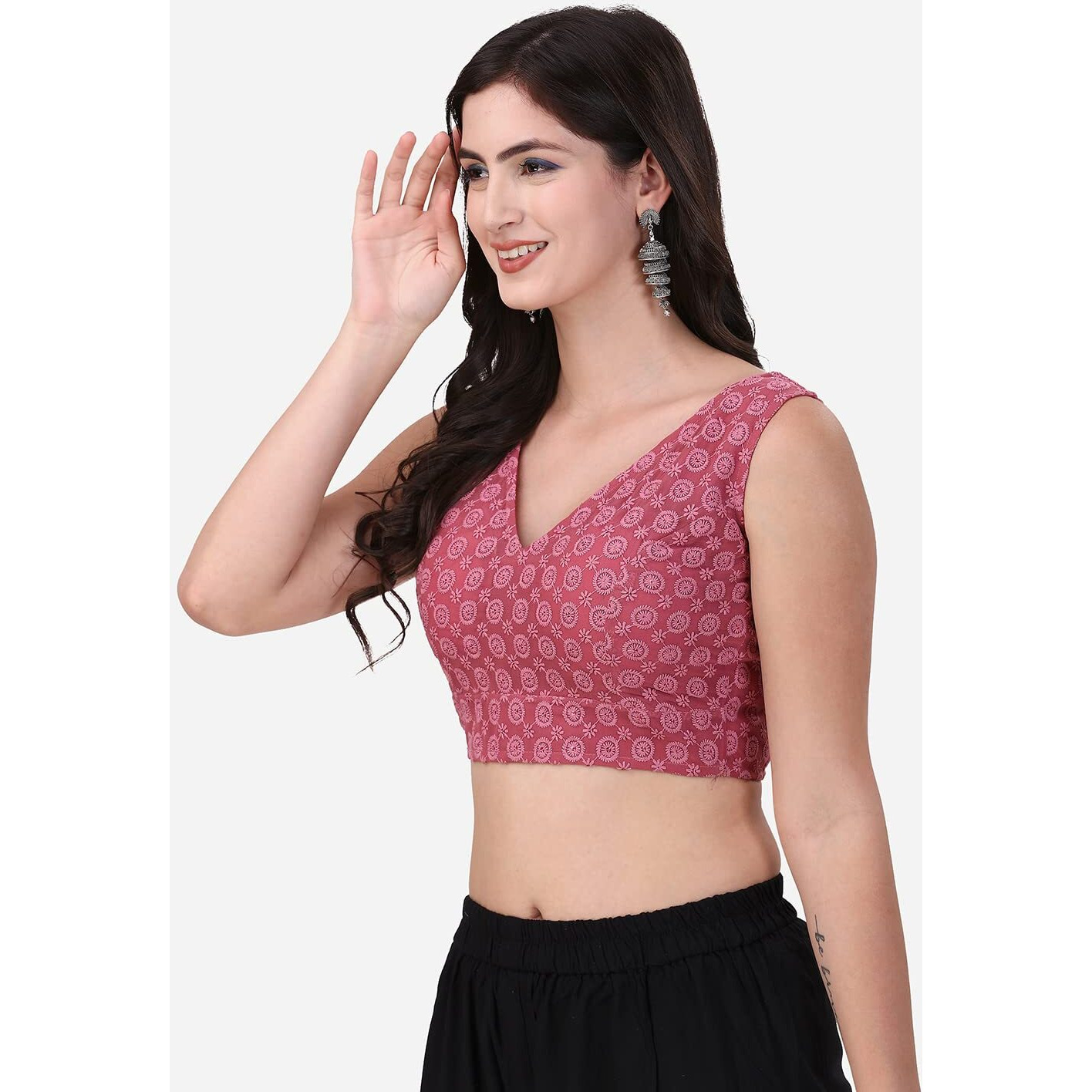 OOMPH Women's Indian Ethnic Wear Designer Round Leaf Pattern V Neck Sleeveless Cotton Pink Blouse for Saree or Lehnga and BlousePalazzos or Skirts for a Fusion Twist.