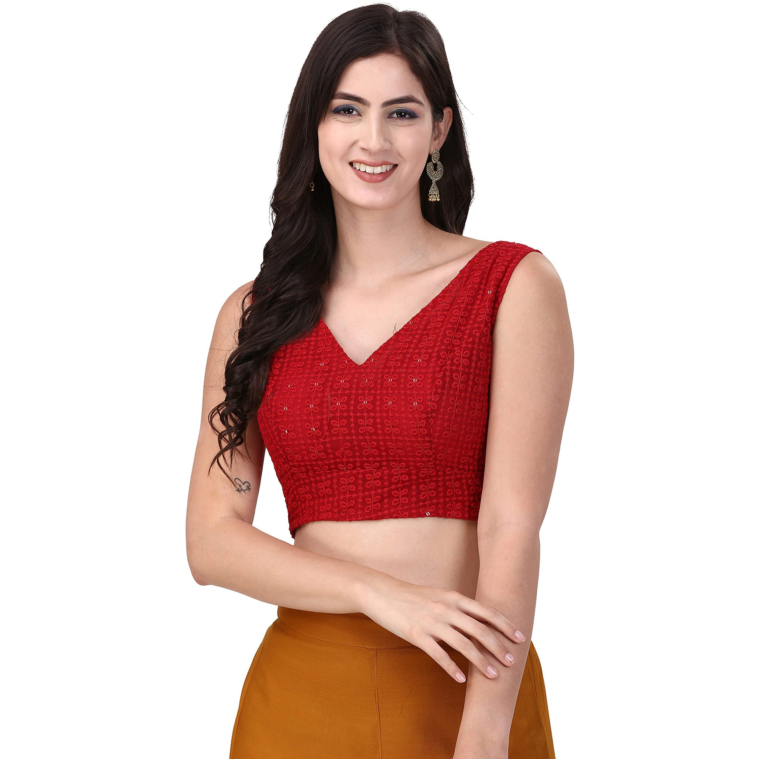 OOMPH Women's Indian Ethnic Wear Designer Square Leaf Pattern V Neck Sleeveless Cotton Red Blouse for Saree or Lehnga and BlousePalazzos or Skirts for a Fusion Twist.
