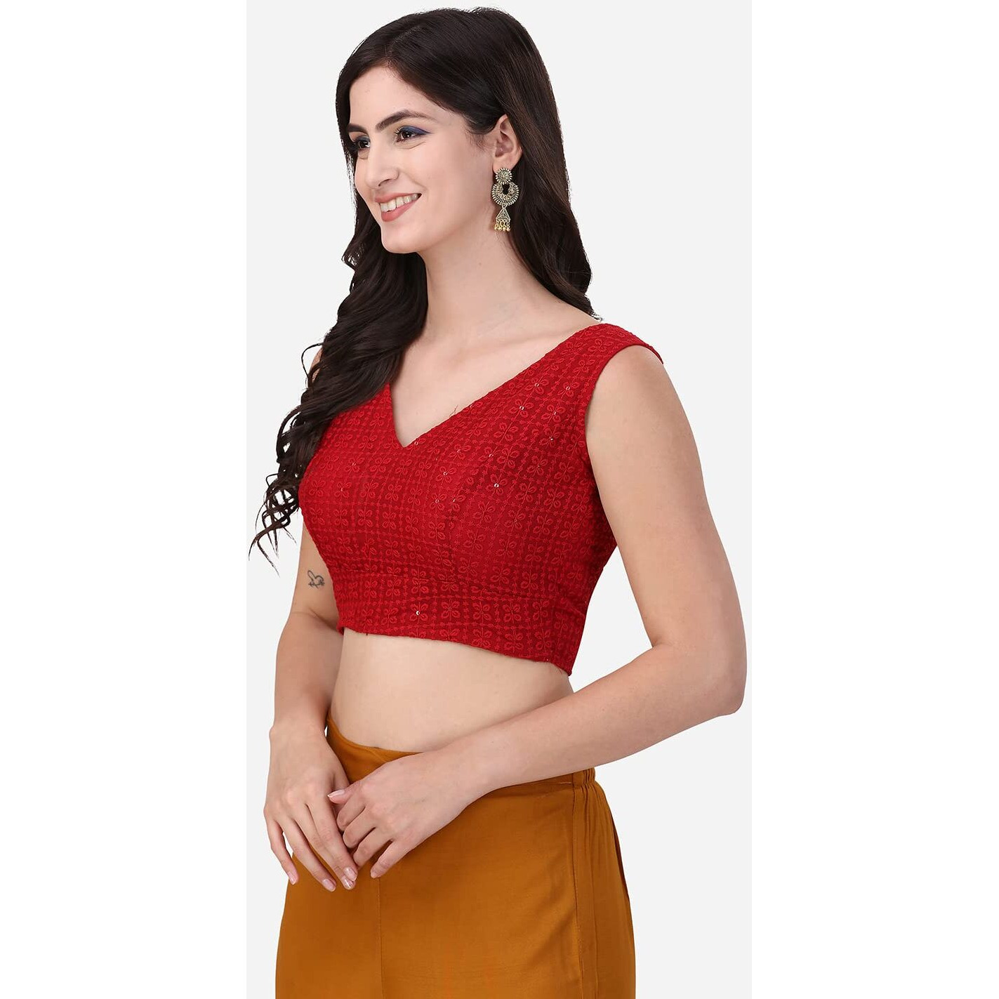 OOMPH Women's Indian Ethnic Wear Designer Square Leaf Pattern V Neck Sleeveless Cotton Red Blouse for Saree or Lehnga and BlousePalazzos or Skirts for a Fusion Twist.