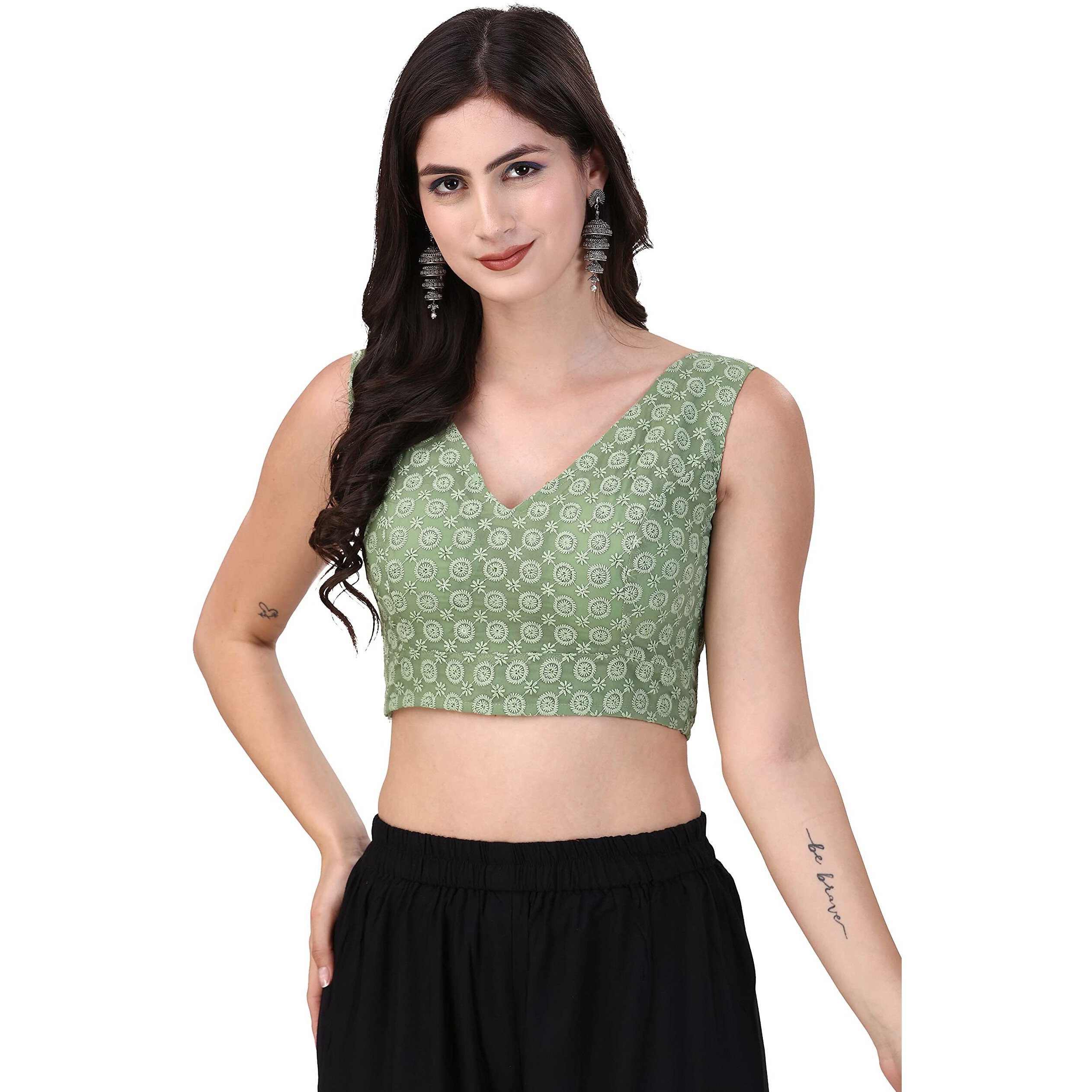 OOMPH Women's Indian Ethnic Wear Designer Round Leaf Pattern V Neck Sleeveless Cotton Pista Blouse for Saree or Lehnga and BlousePalazzos or Skirts for a Fusion Twist.