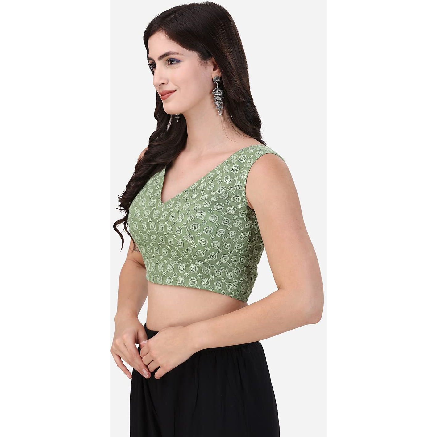 OOMPH Women's Indian Ethnic Wear Designer Round Leaf Pattern V Neck Sleeveless Cotton Pista Blouse for Saree or Lehnga and BlousePalazzos or Skirts for a Fusion Twist.